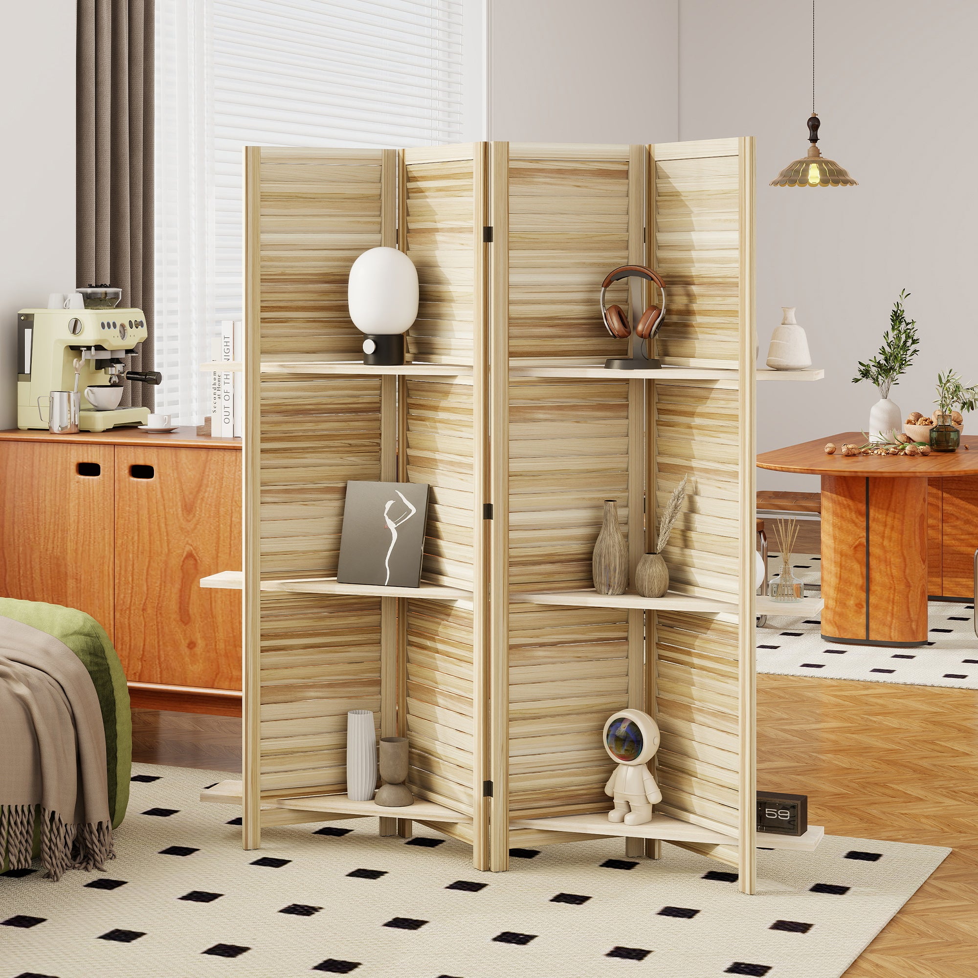 Paravent intérieur en bois 4 panneaux 160x170cm,séparateur de pièce pliable avec 3 étagères,bois naturel - 4
