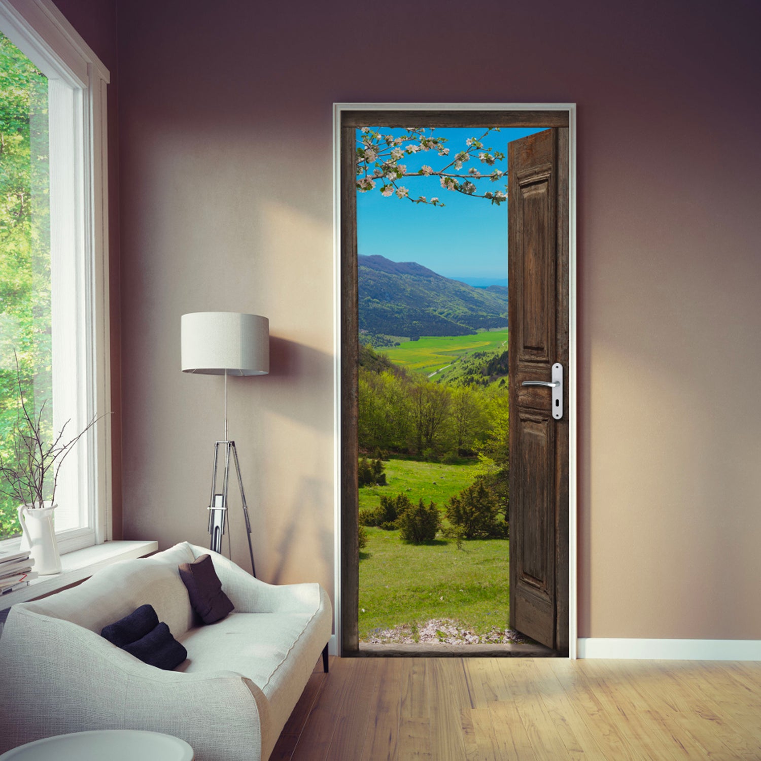 Vinilo para puerta, vista de los verdes pastos de montaña en un magnífico verano, 204 cm x 60 cm