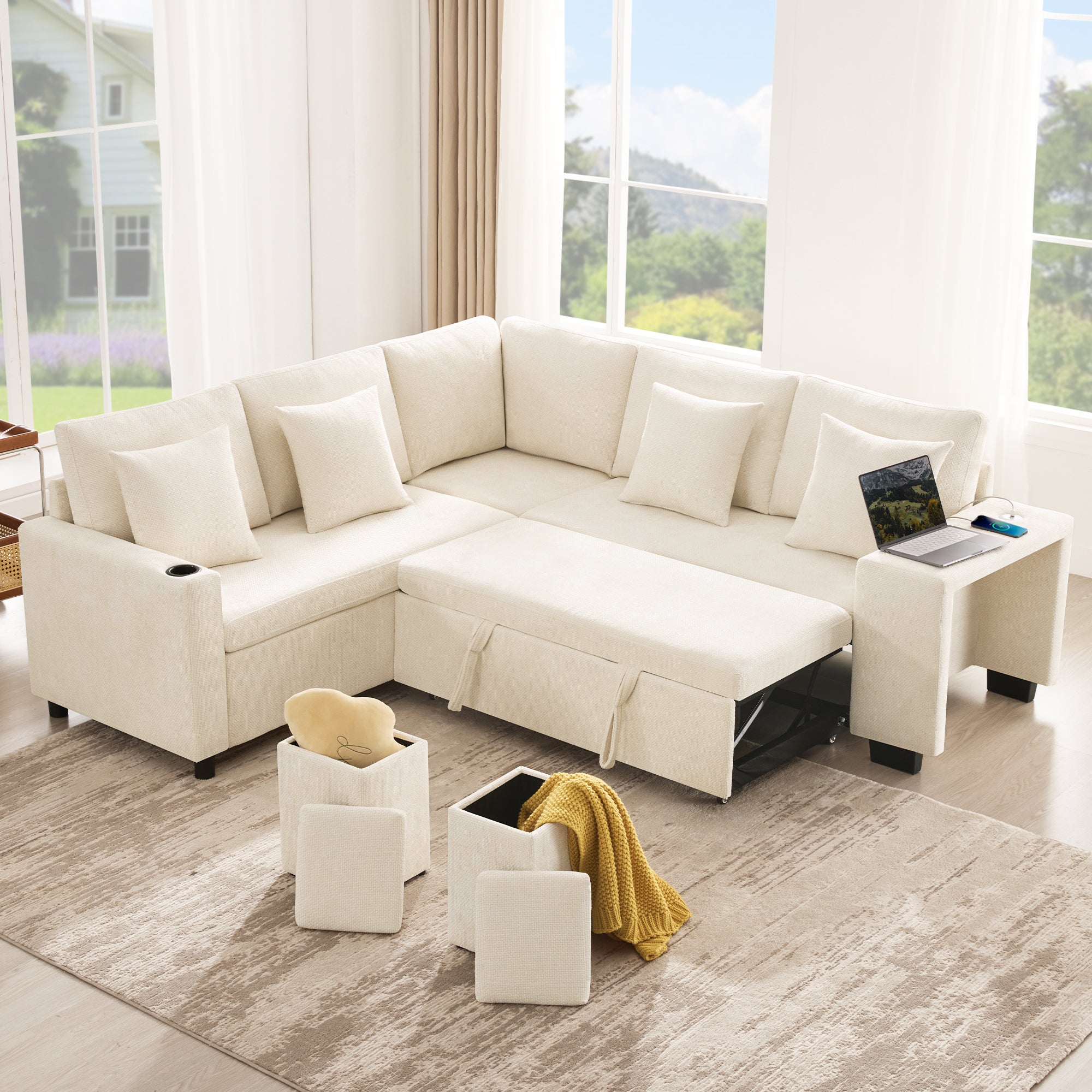 Canapé d'angle modulable 5-7 places avec pouf et rangement - 220 x 205 x 86,5 cm - Chenille - ports USB et USB-C - méridienne réversible - Beige - 5
