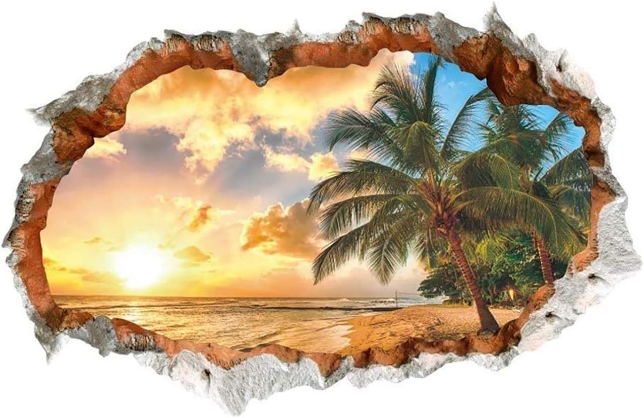 Naklejka mural zachód słońca na plaży, 90 x 60 cm, wyspa, plaża, ocean, palmy, dekoracja ścienna do salonu, sypialni, przedpokoju, wejścia