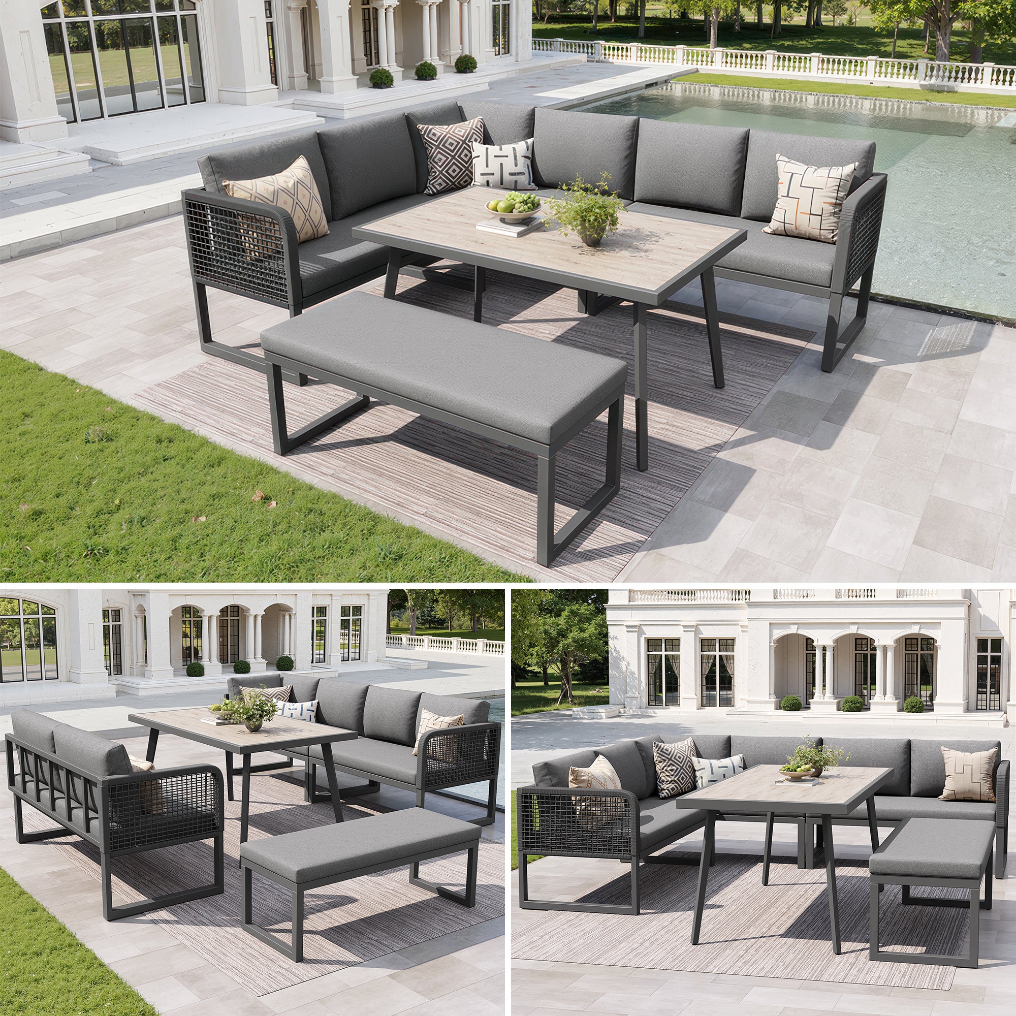 Set di mobili da giardino, set di mobili in rattan PE per 6-8 persone - divano angolare - in ferro zincato - piano del tavolo effetto legno, grigio - 2