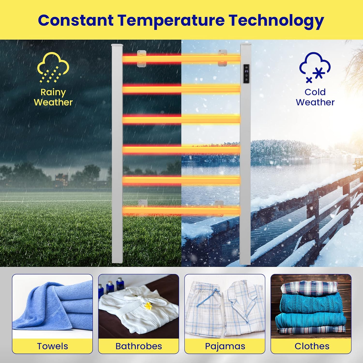 Aquecedor de Toalhas Elétrico de Parede ou de Chão com 6 Barras, Controlo de Temperatura Temporizador de 30-60°C e 1-8h, Aquecedor de Toalhas de Casa - 4