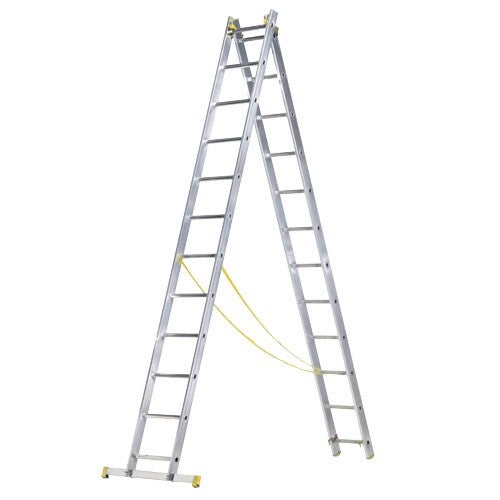 Escalera aluminio 2 tramos 9+9 peldaños. plegable, antideslizante, resistente