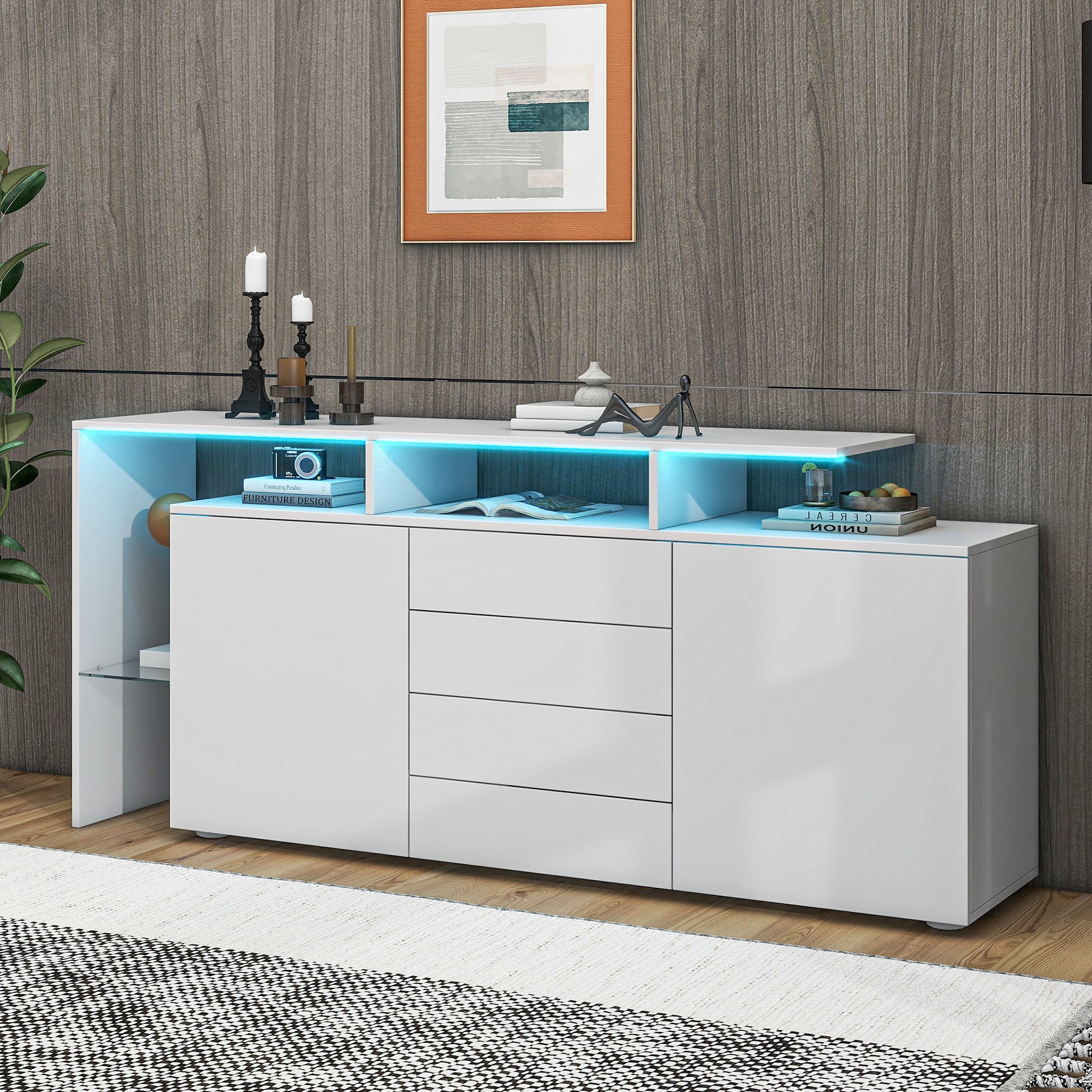 Komoda z 2 drzwiami, 4 szufladami i półkami - 160 x 35 x 70 cm - Diody LED - Płyta wiórowa - Kolor biały