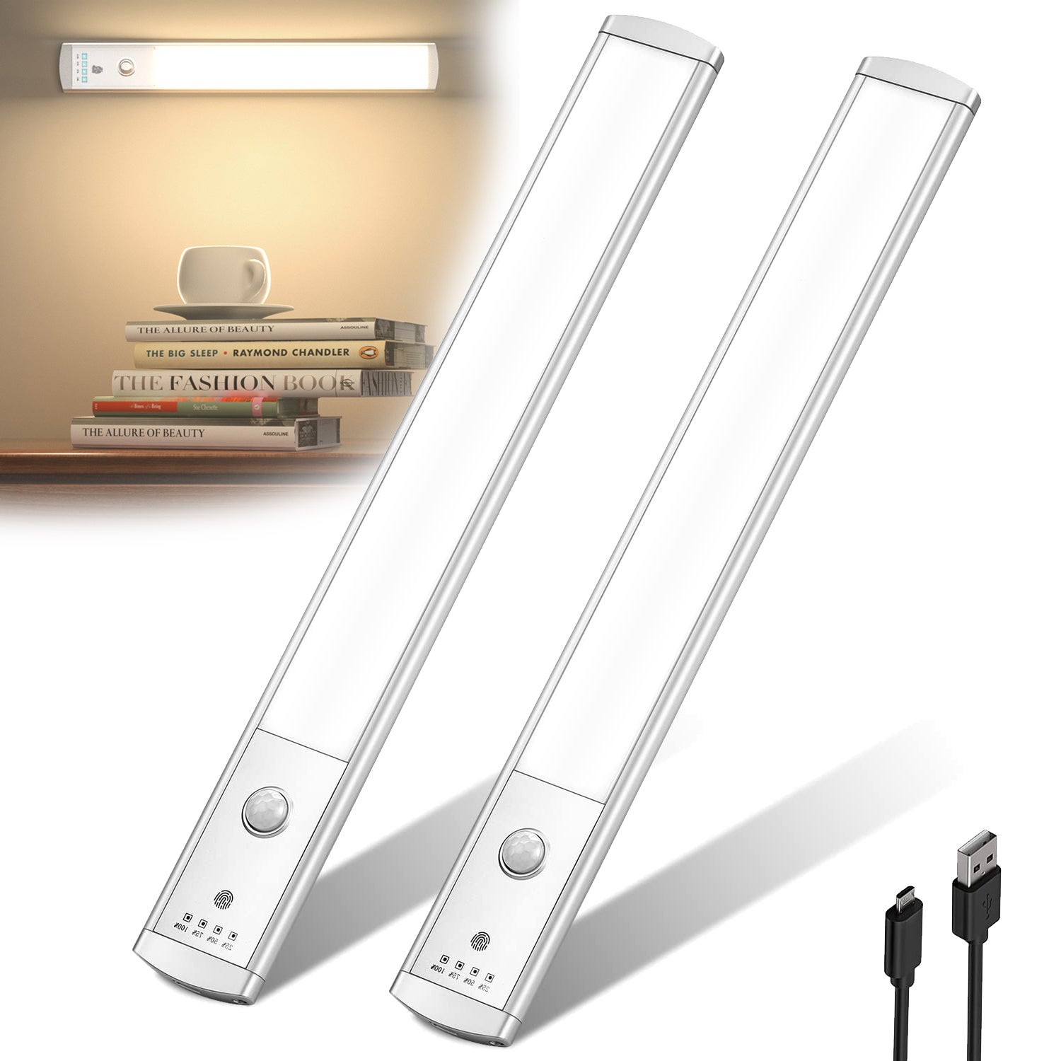 Zestaw 2 lamp do szaf z czujnikiem ruchu, podszafkowe, lampki nocne kuchenne ładowane przez USB, równomierne światło, 23 cm