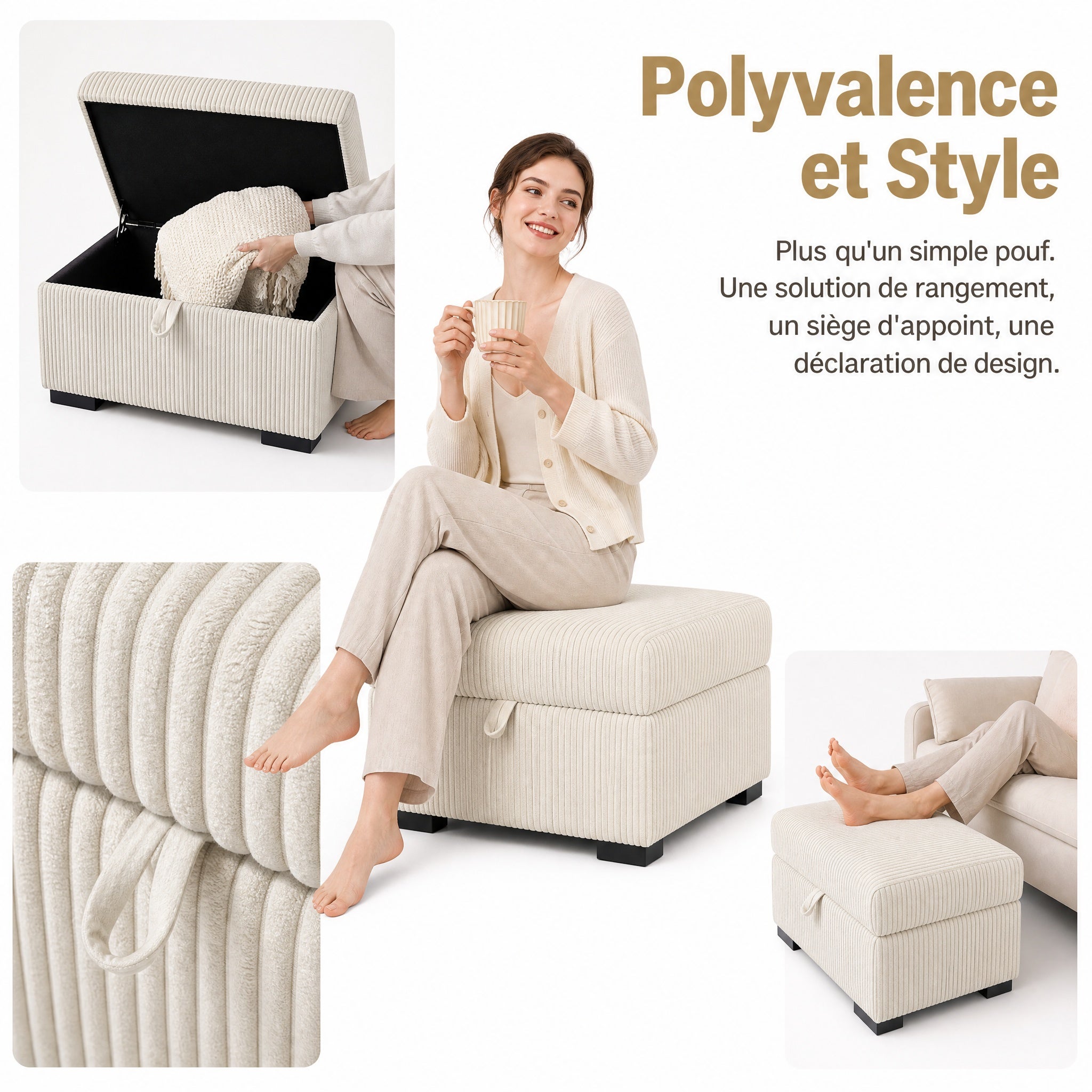 Repose-pieds rectangulaire 88 x 69 x 45 cm - Ottoman de salon modulable - Avec coffre de rangement intégré 88 x 69 x 45 cm - Velours côtelé - Beige - 3