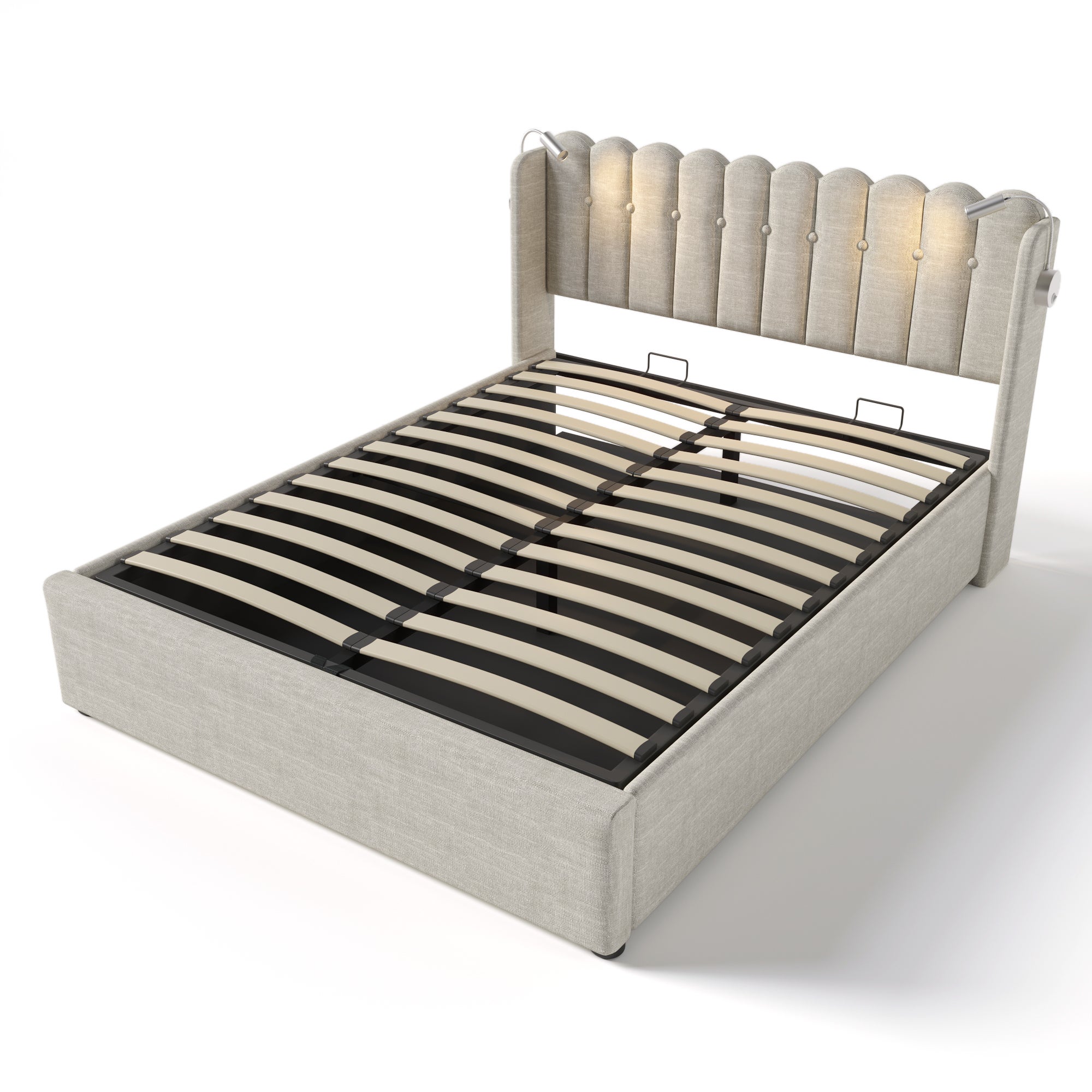 Cama contenedor tapizada con LED y puertos de carga USB - 140x200cm - tela de lino - con somier - Beige - 4