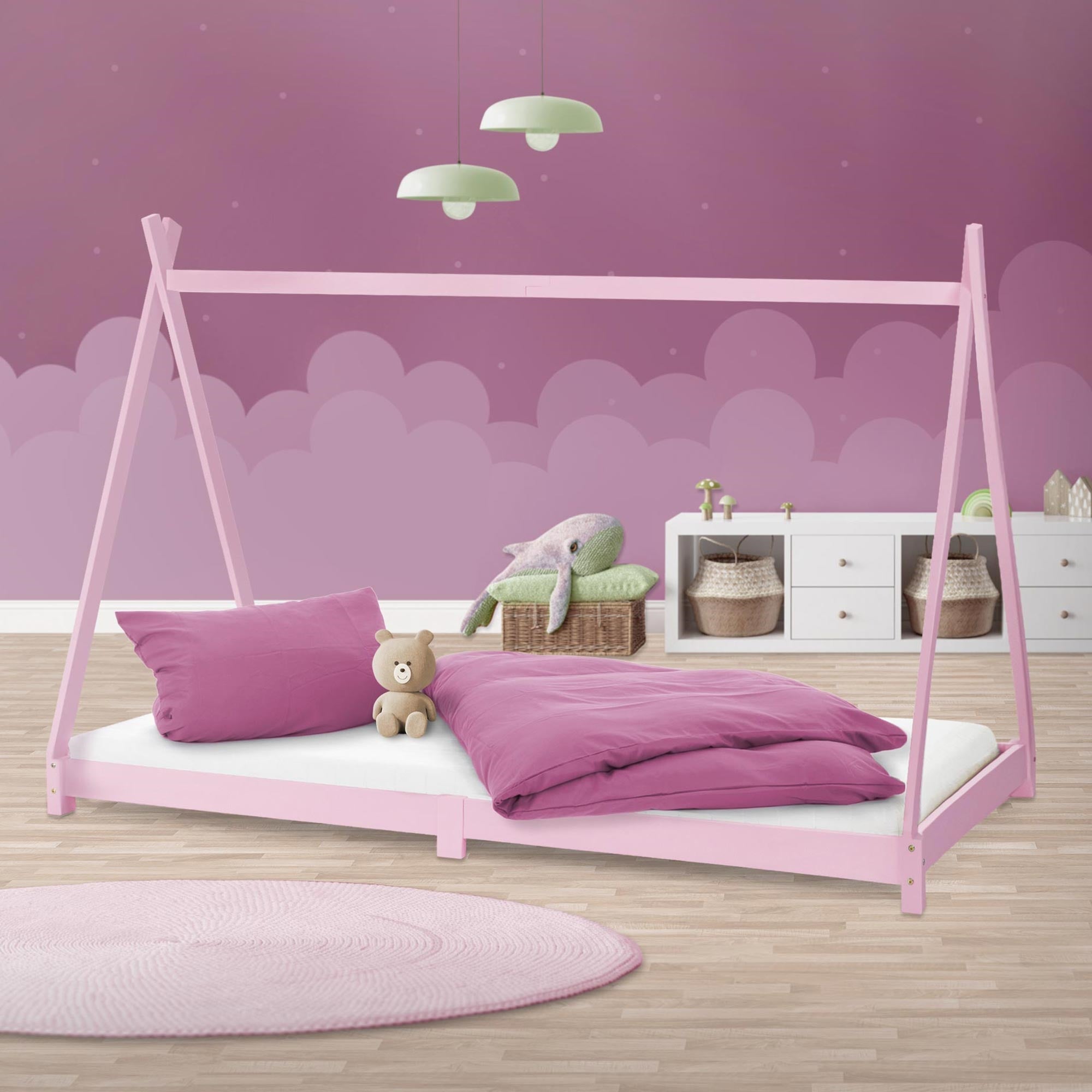 ML-Design łóżko tipi 90x200 cm różowy z ramą listwową w stylu indianskim wykonane z drewna sosnowego dla chłopców i dziewczynek łóżko młodzieżowe