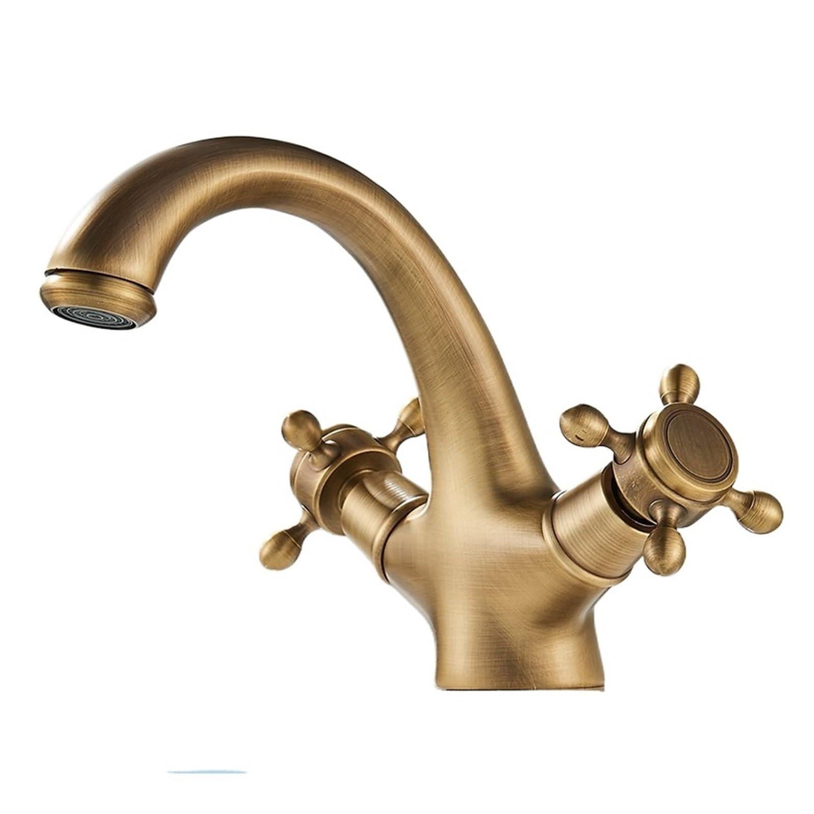 Bateria umywalkowa, antyczny mosiężny uchwyt krzyżowy, elegancki design i jednootworowy montaż mostkowy.