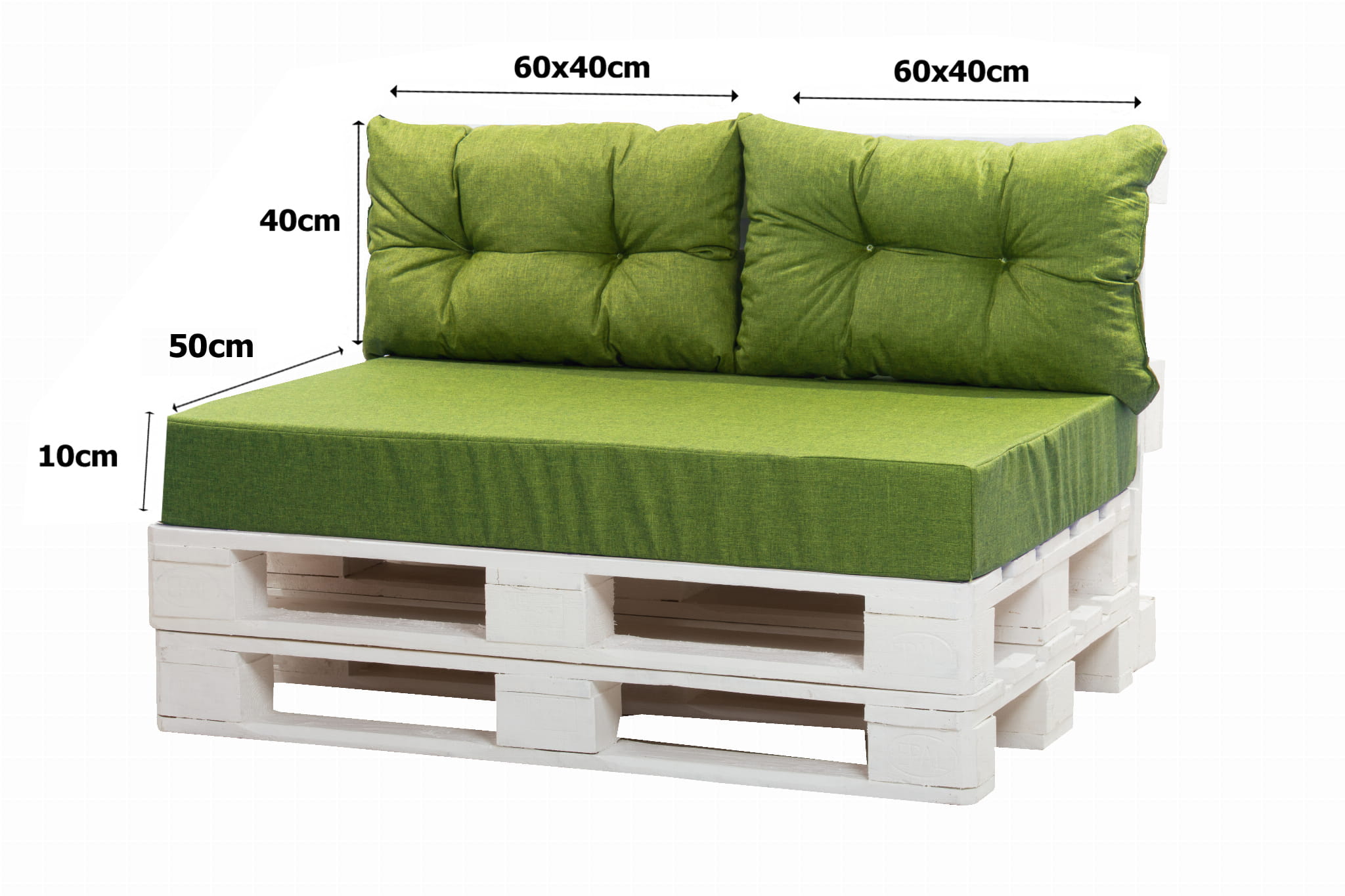 Coussin palette 120x50x10cm assise et dossier 2x 60x40cm, coussin palette Vert, lot de coussins jardin, lot de coussins pour salon de jardin - 3