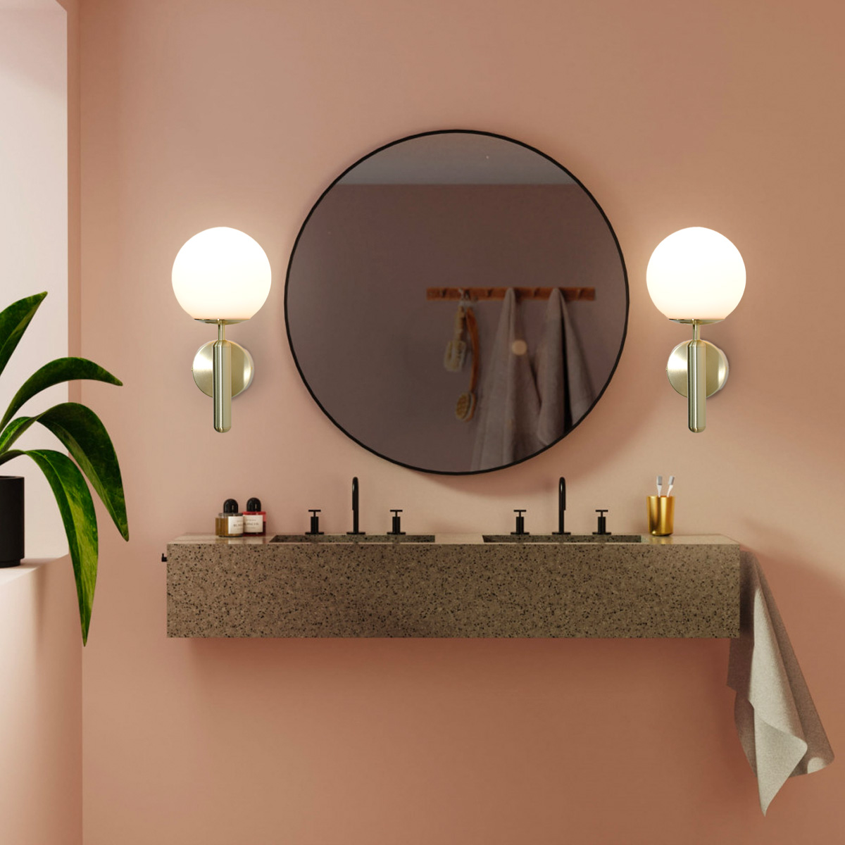 Aplique de Pared, Bola de Cristal Opalina y Soporte Dorado, Casquillo E27, Ideal para Dormitorio, Salón y Pasillo - 4
