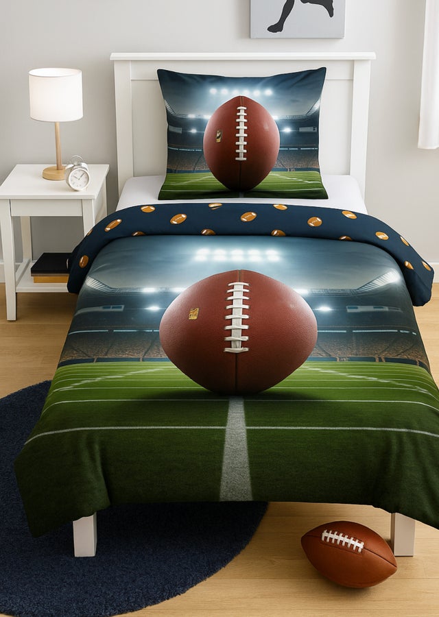 Parure de Lit Enfant Réversible Ballon de Rugby, Sport, 100% Coton Oeko TEx, Housse de Couette 140x200 cm, Taie, Lit 1 Place