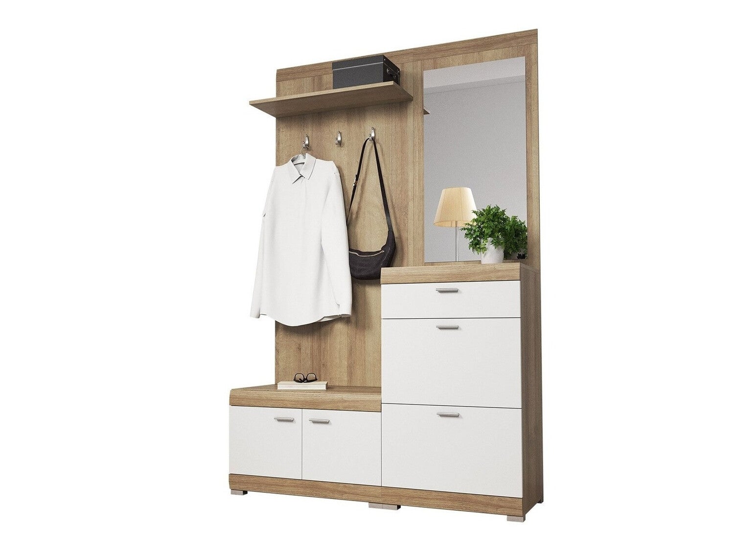 Mobilier1  Conjunto Para Recibidor 103, 197X135x34cm, Espejo, Riviera Roble, Aglomerado Laminado, Mdf, Colocada Lima/Blanco , Leroy Merlin