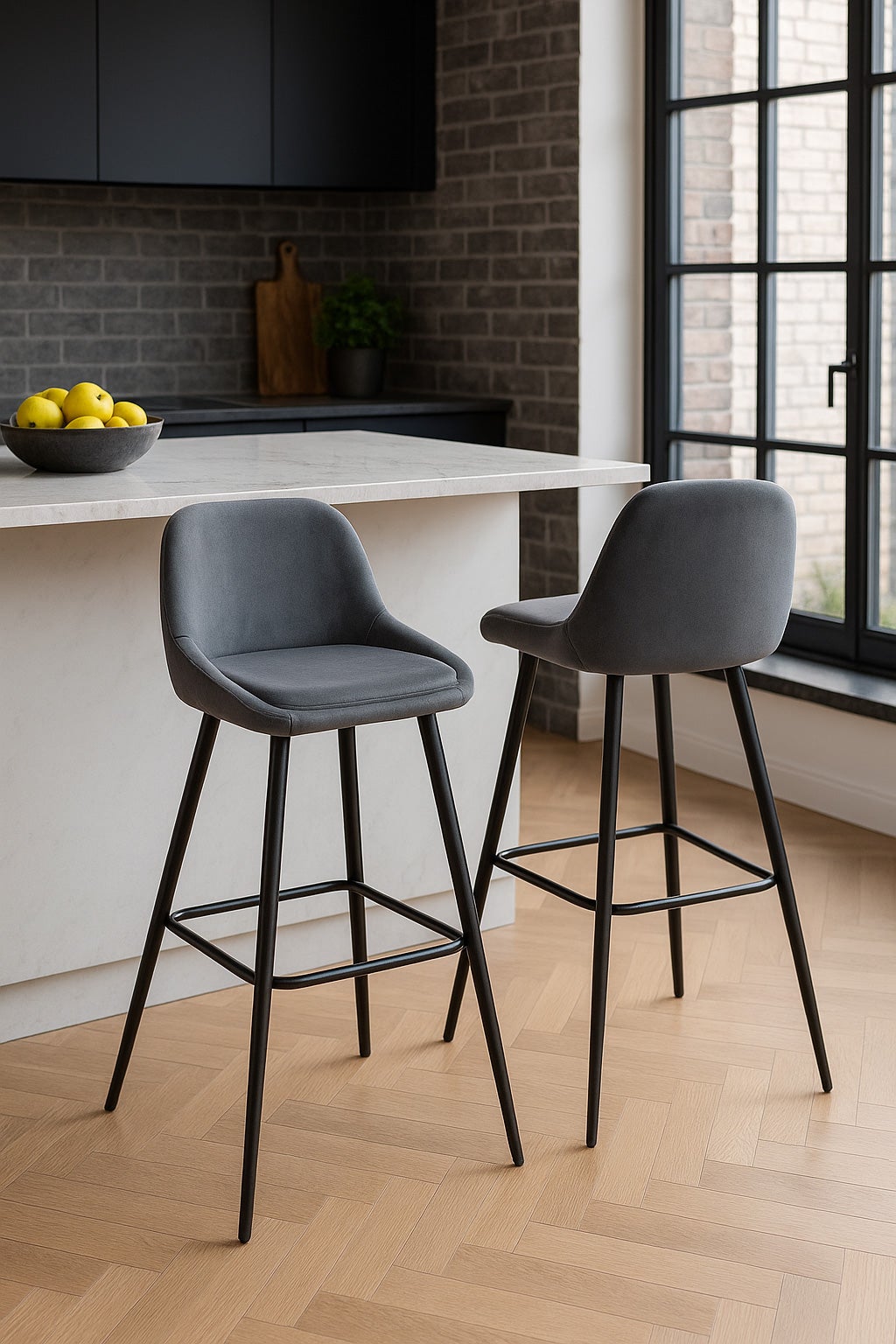 Lot de 2 Chaises Hautes 68 cm en Velours, Pieds Métal Noir MIRA Gris - 2