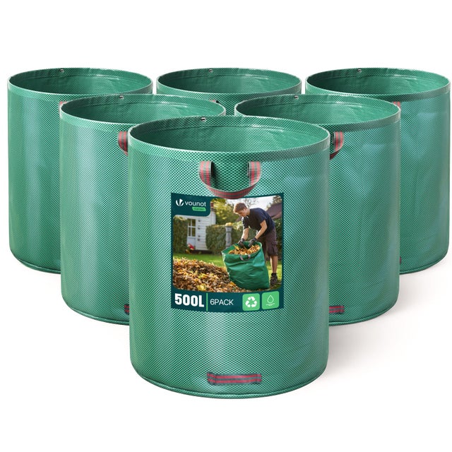 Lot de 6 Sac à déchets de jardin 500L - 60kg max - 3 poignées renforcées - réutilisables et résistants - VOUNOT®