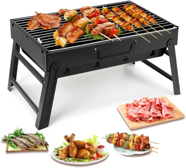 Przenośny,składany grill węglowy ze stali nierdzewnej z 2 klipsami do grilla–mały grill stołowy do użytku na kempingu,w ogrodzie na świeżym powietrzu