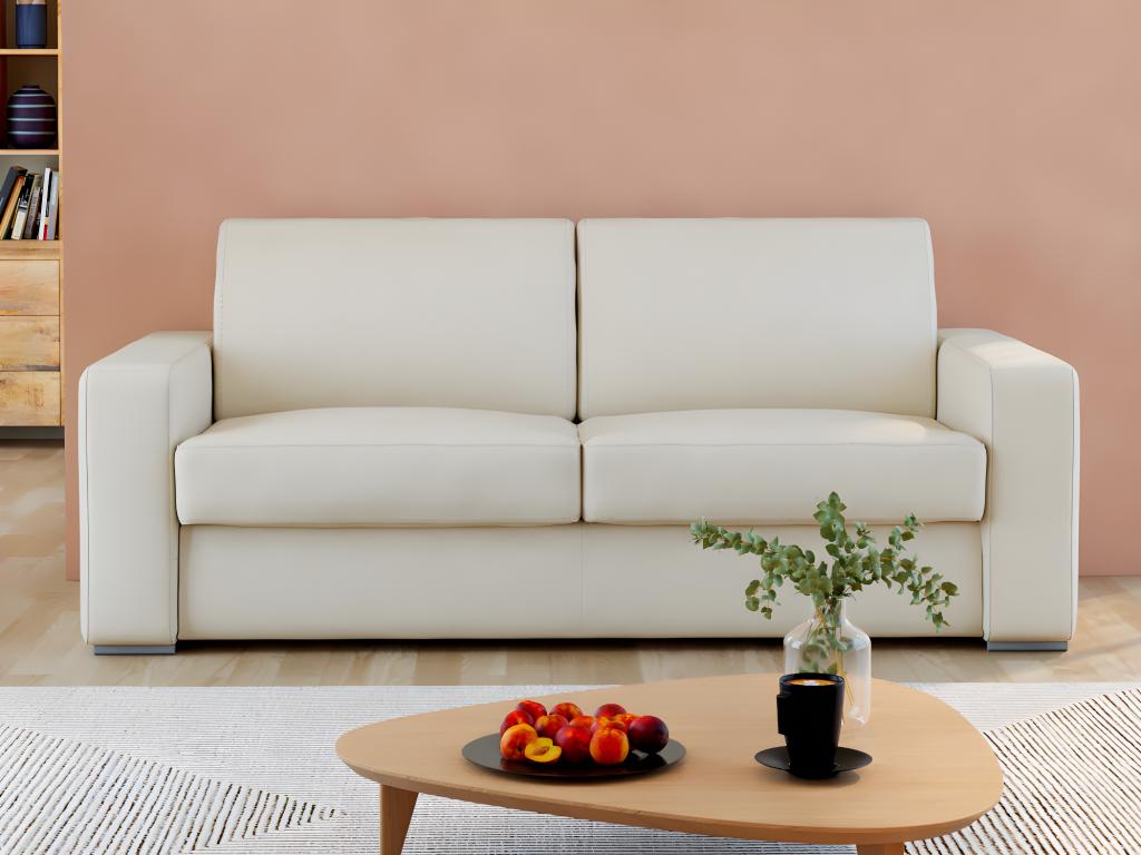 Sofá cama de 3 plazas con apertura italiana 100% piel de búfalo blanco colchón de 20cm delectea ii