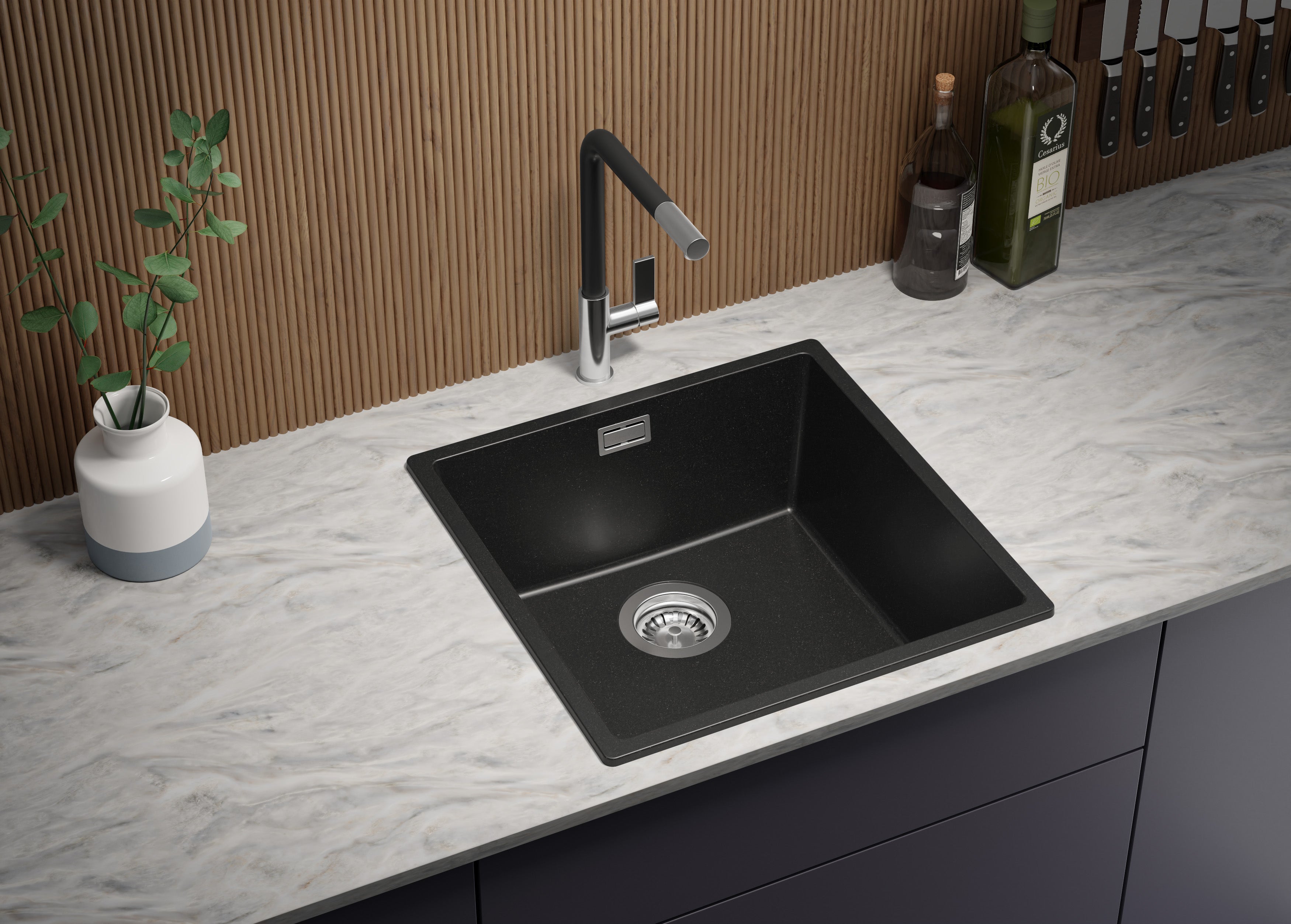 Evier Cuisine en Granit Noir 46x47cm, Lavabo 1 bac + Kit de Vidage, Évier à Encastrer au meuble 50cm - London Slim PRIMAGRAN - 2