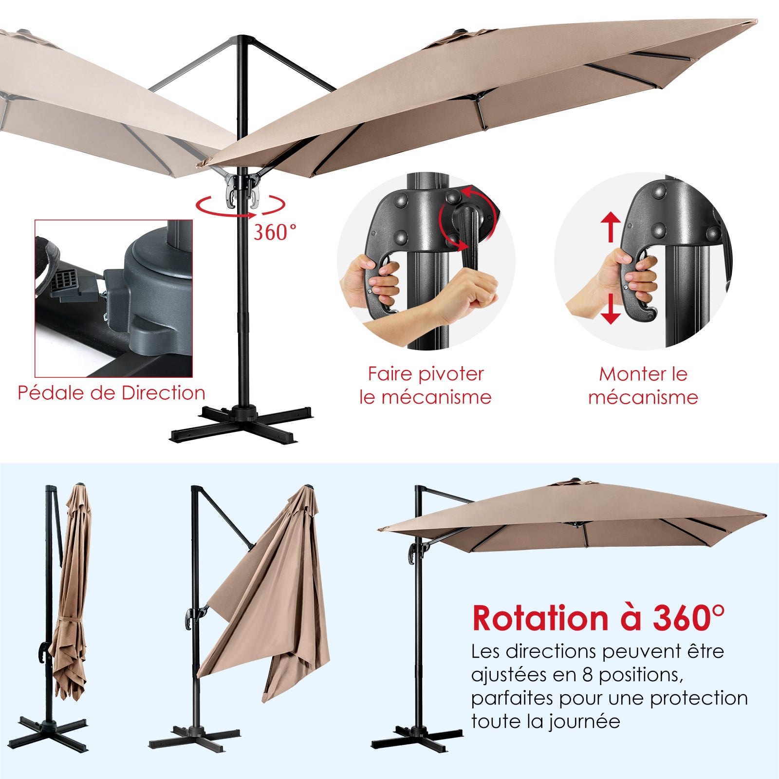 Guarda-chuva inclinável de 3x3M, guarda-chuva de jardim exterior dobrável, proteção UV de base cruzada rotativa de 360°, café - 8