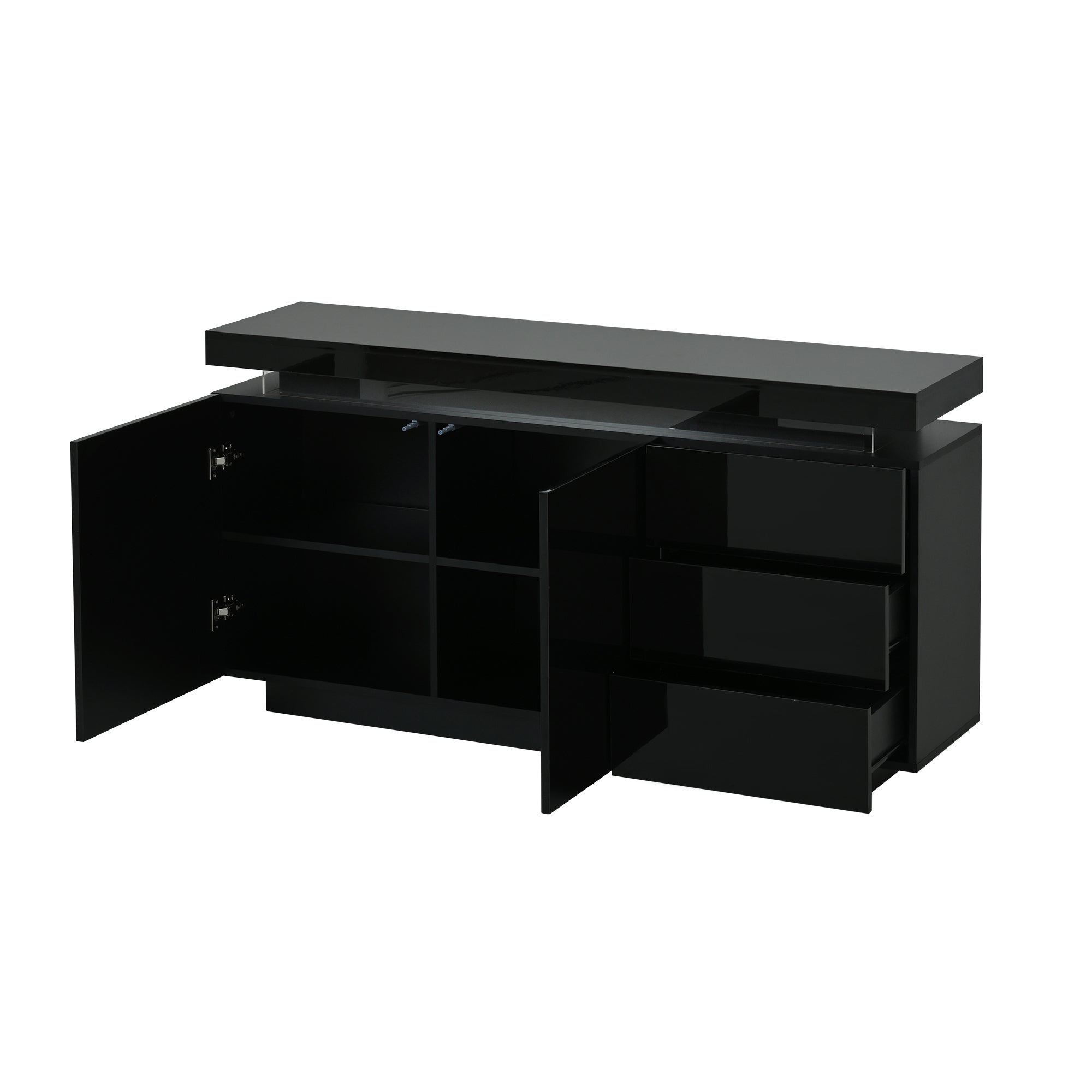 Nowoczesna niska komoda z 2 drzwiami i 3 szufladami - 140 x 35 x 72,5 cm - LED - do salonu - Czarny połysk - 9