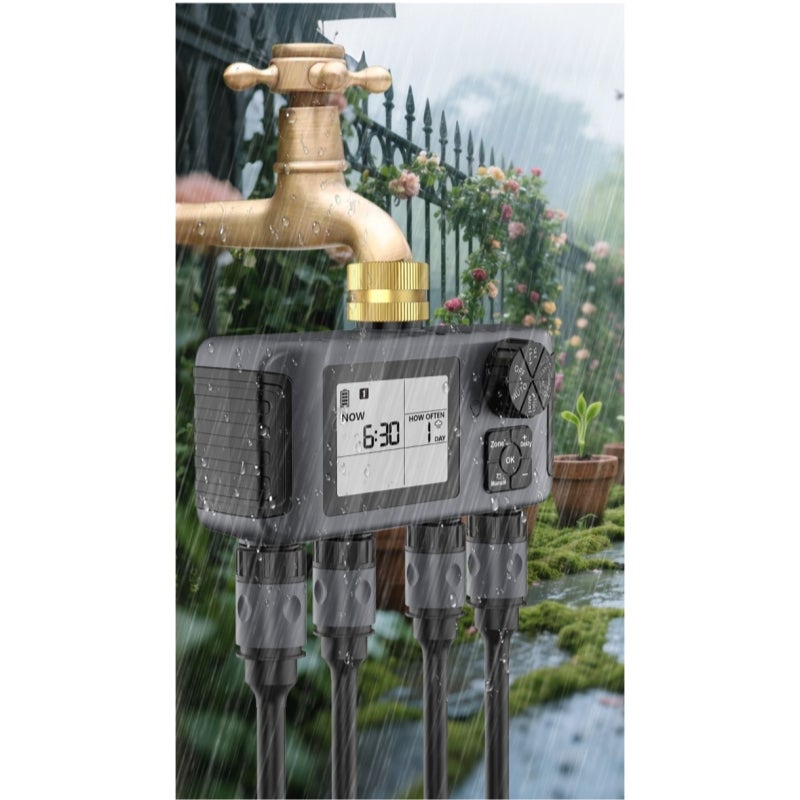 BEXTCOK Válvula inteligente de controlo individual de quatro vias, temporizador de rega automática, temporizador para rega de flores no jardim - 8
