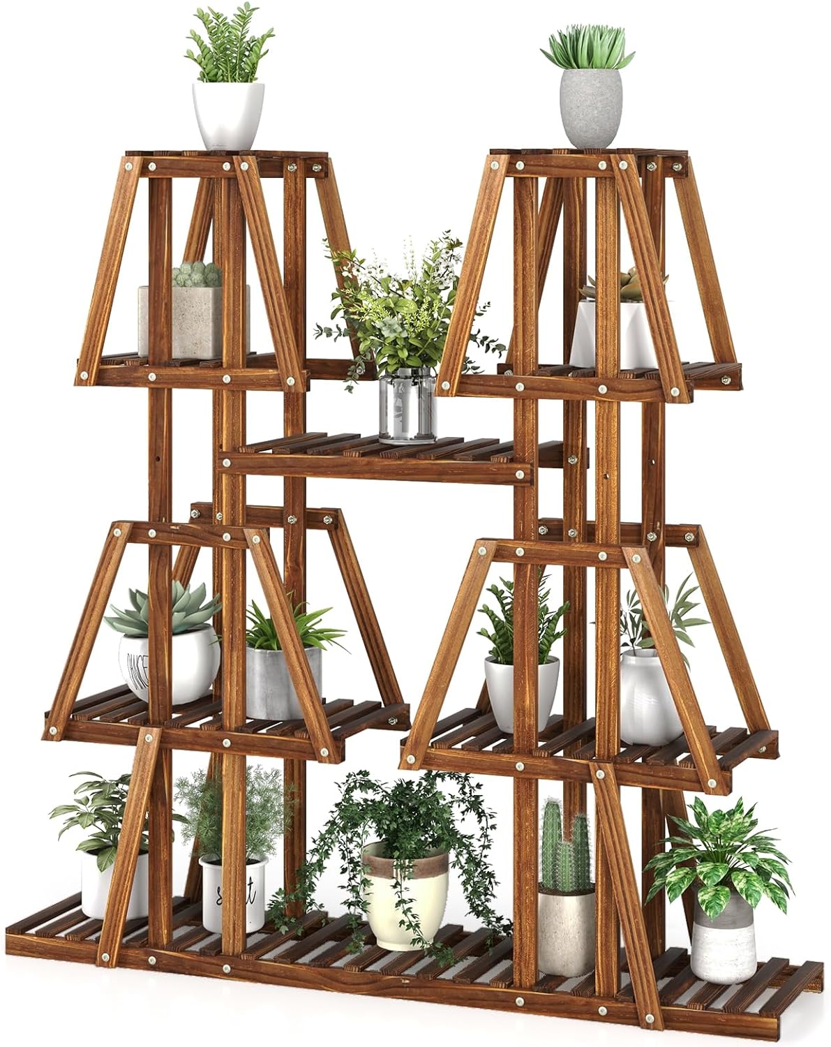 Drewniany regał na rośliny, trapez, regał na kwiaty, stojak na kwiaty, stojak na kwiaty, do użytku na zewnątrz,na balkon,113 x 27 x 114 cm, brązowy