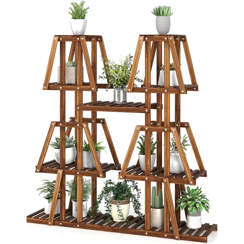 Drewniany regał na rośliny, trapez, regał na kwiaty, stojak na kwiaty, stojak na kwiaty, do użytku na zewnątrz,na balkon,113 x 27 x 114 cm, brązowy