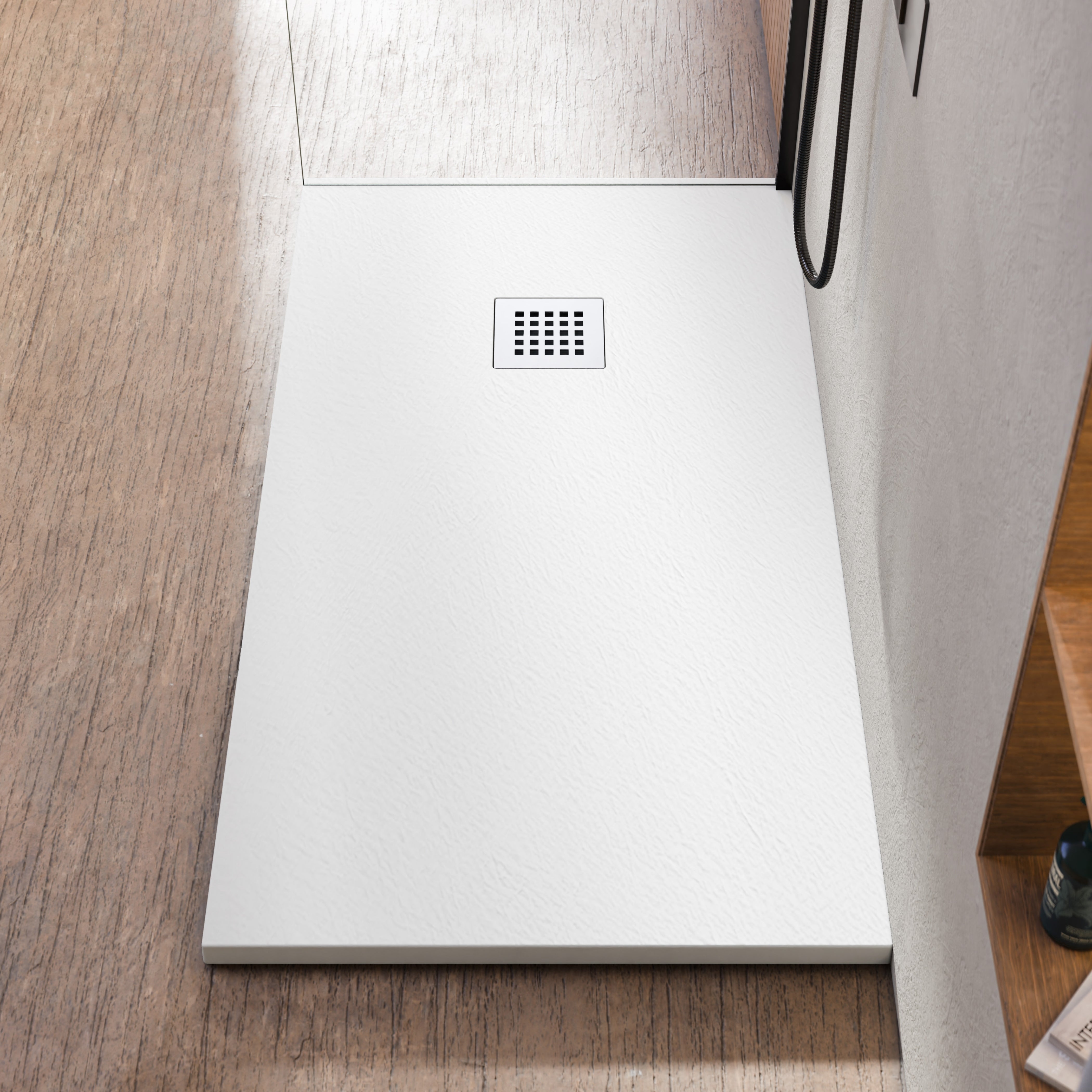 BELLOBATH - Base de duche de resina antiderrapante - Textura de ardósia suave - Inclui válvula de escoamento e grelha - Branco - 70 X 150cm - 2