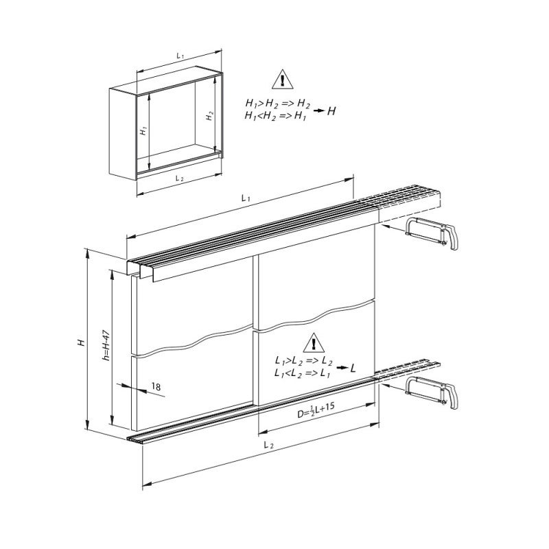 Kit SLID'UP 280 aluminium anodisé noir pour 2 portes de placard coulissantes 18 mm - rail 2 m - 50 kg - 6