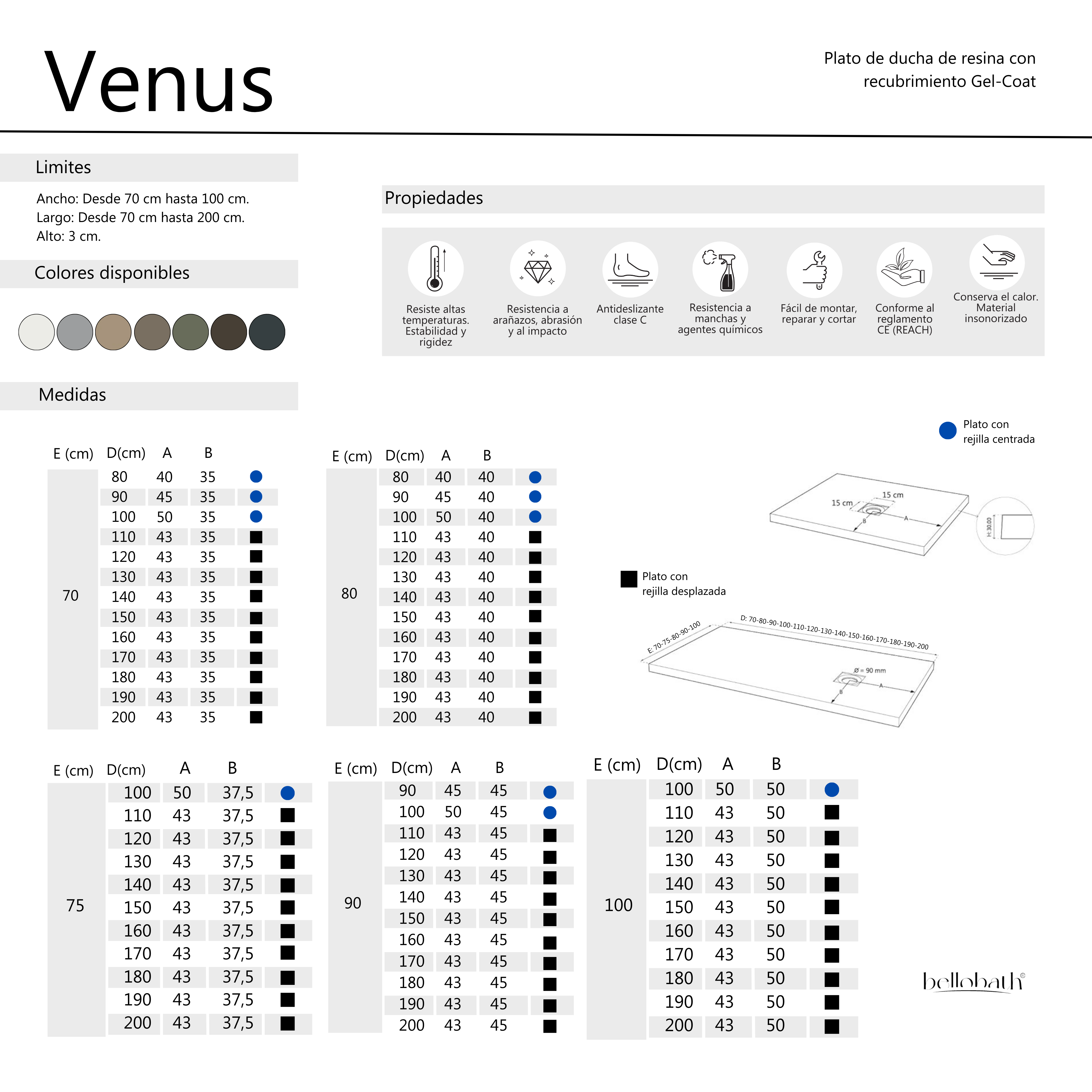 BELLOBATH - Base de duche de resina antiderrapante - Textura lousa suave - Inclui válvula de escoamento e grelha - Moca - 90 X 160cm - 9