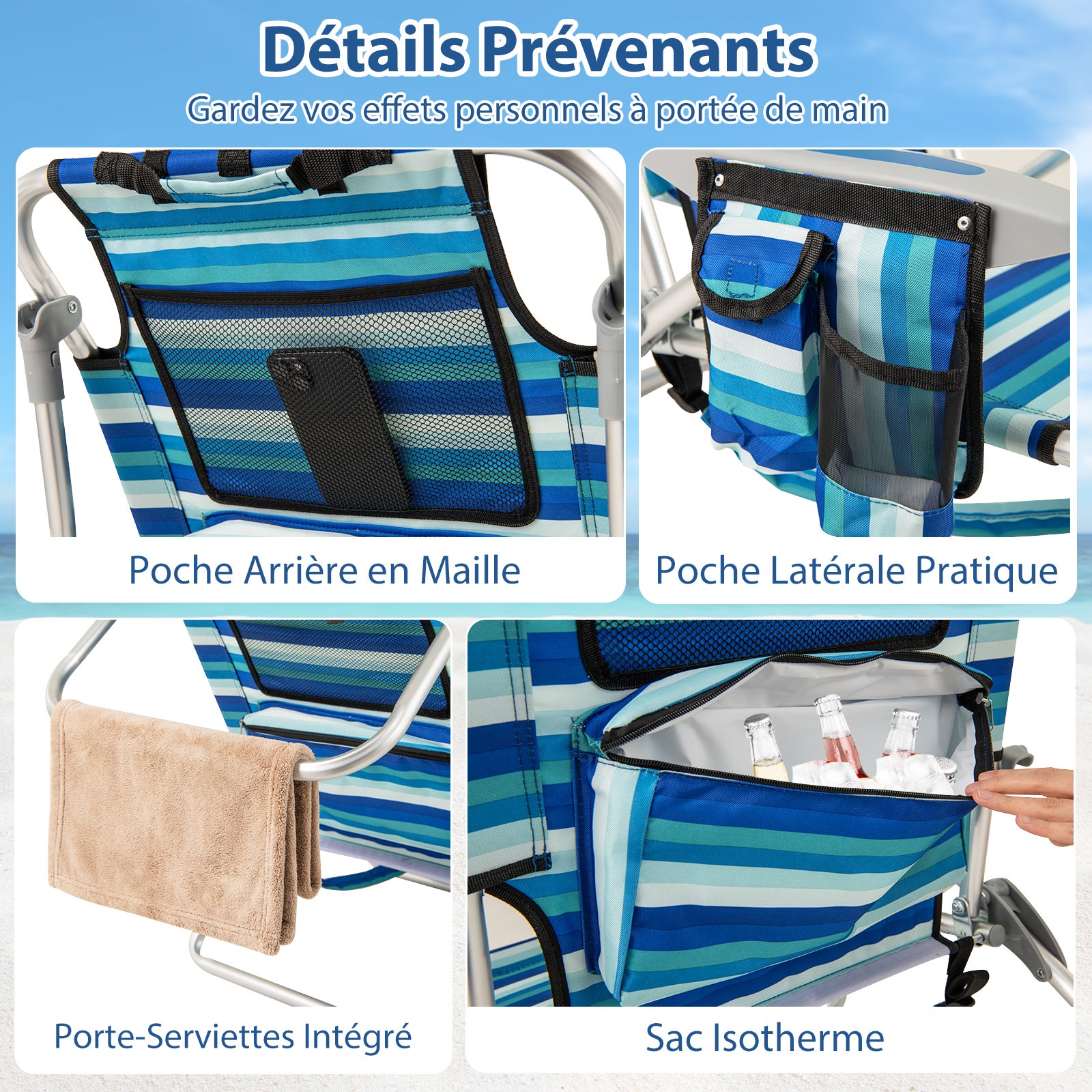 Lot de 2 Chaise de Plage Pliable, Cadre Léger en Aluminium, Chaise Basse avec Dossier Réglable en 4 Positions, Sac Isotherme, pour Camping - 2