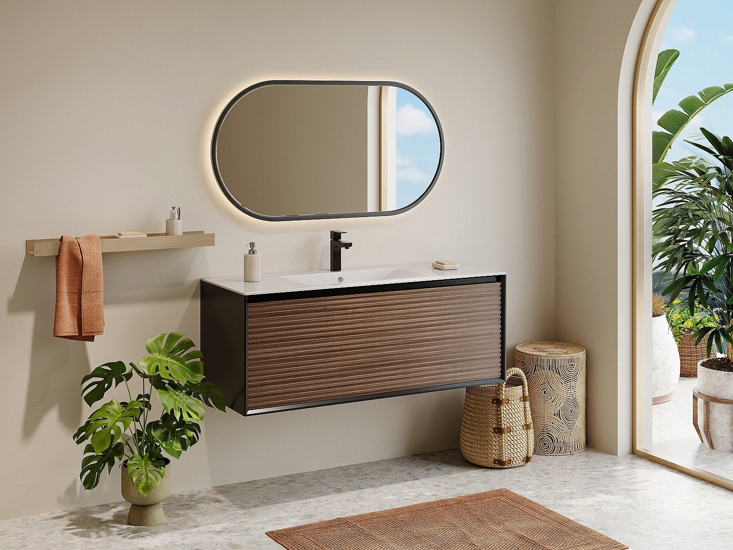 Szafka pod umywalkę wisząca ryflowana - Naturalny ciemny i czarny - 120 cm - BANIVA