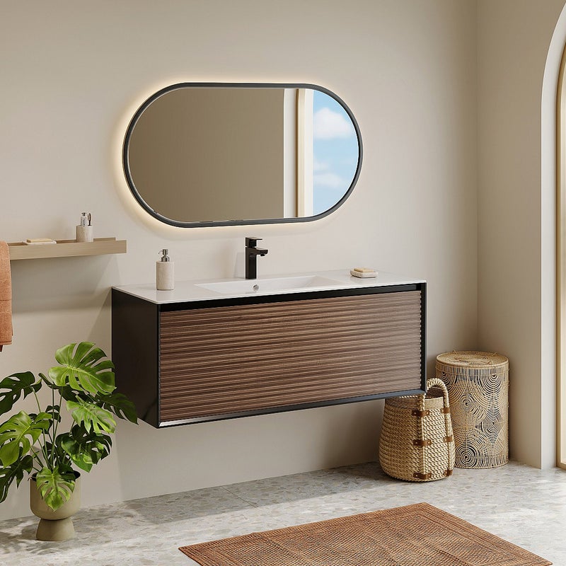 Szafka pod umywalkę wisząca ryflowana - Naturalny ciemny i czarny - 120 cm - BANIVA