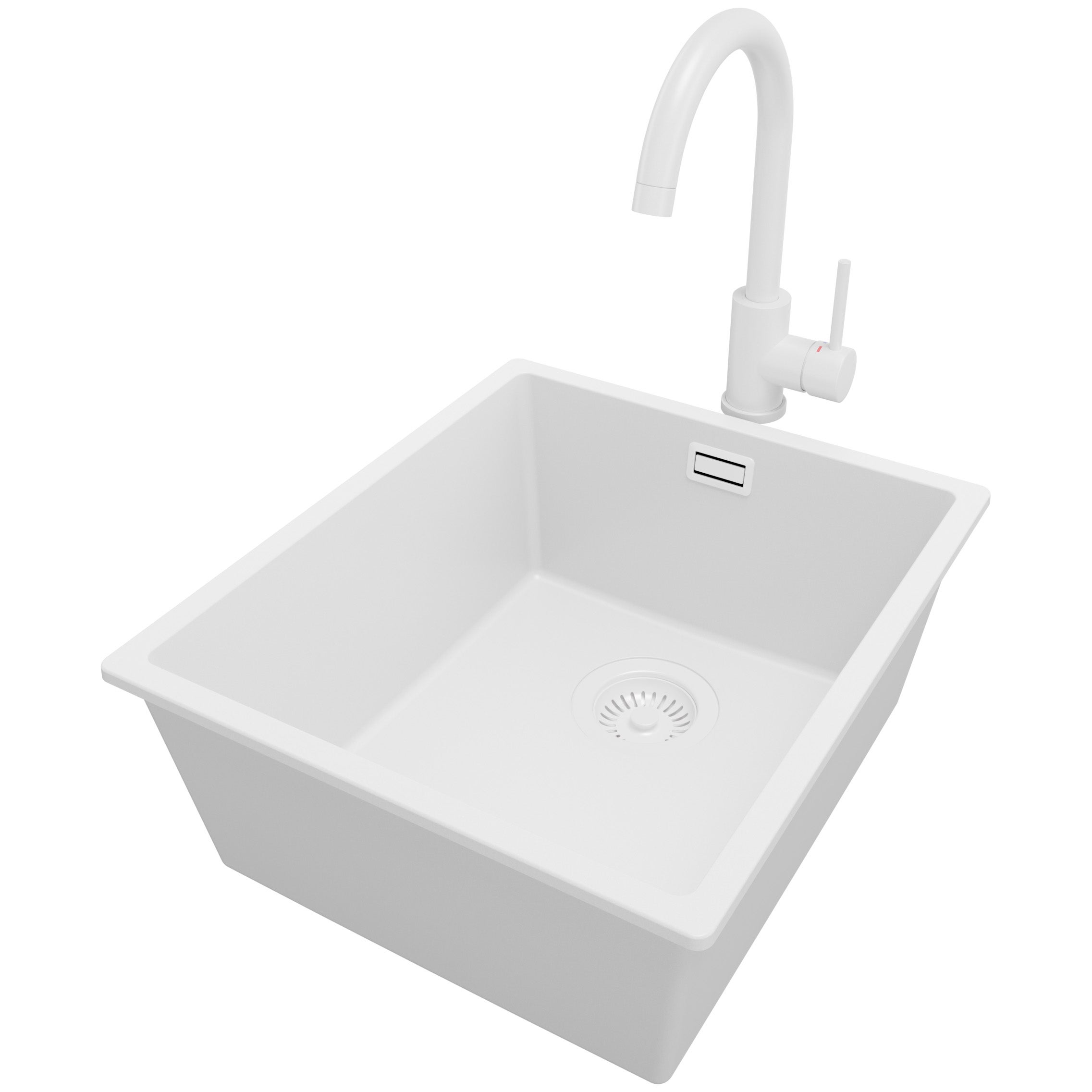 Zlewozmywak Granitowy Cały Biały 41x47cm, Zlew Kuchenny 1 Komorowy + Bateria 32x20cm + Syfon, Nablatowy do szafki od 45cm - Londyn Slim PRIMAGRAN