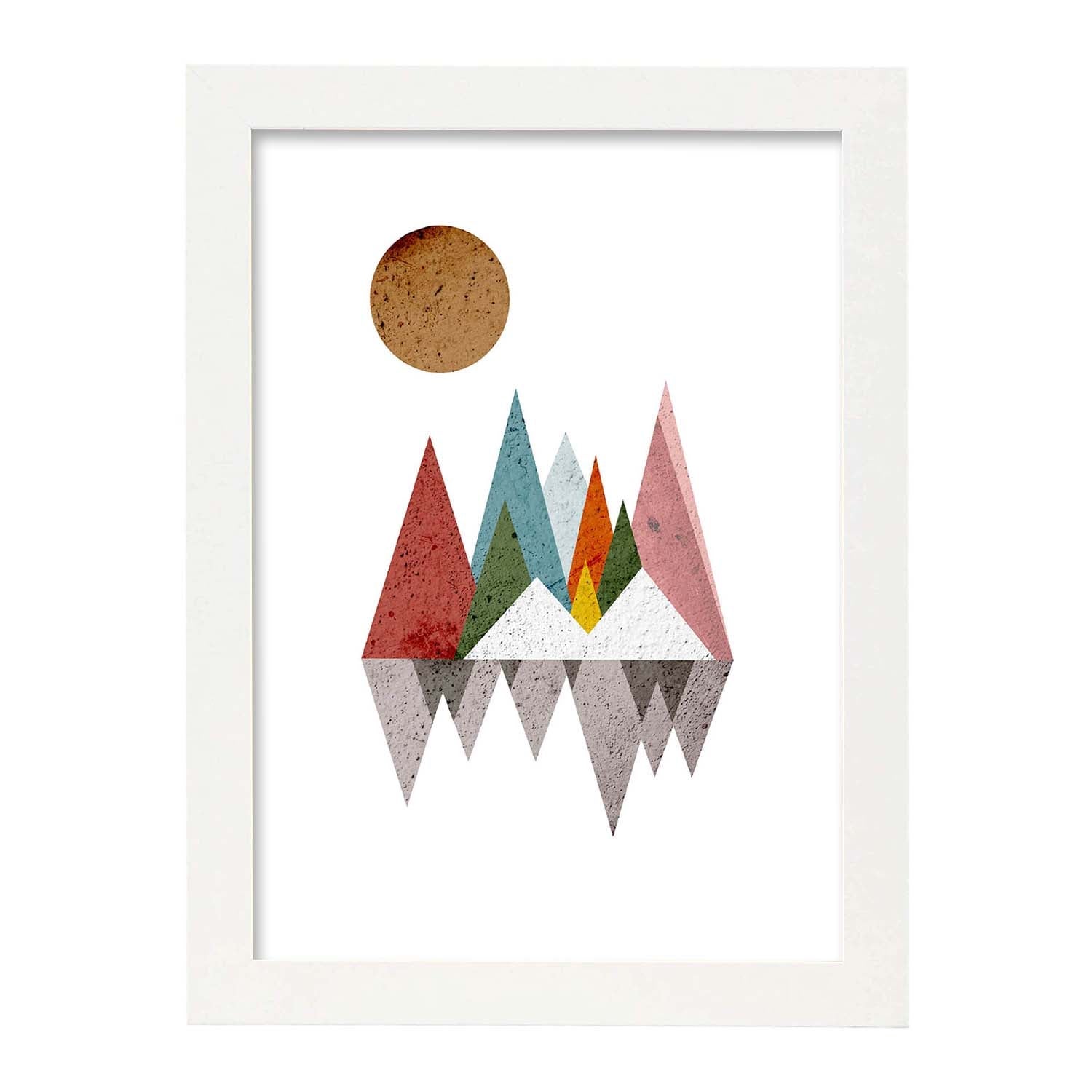 Poster con dibujo nordico de circulos. lamina reflejo de montanas, ilustrada con con circulos y formas marco negro - a3