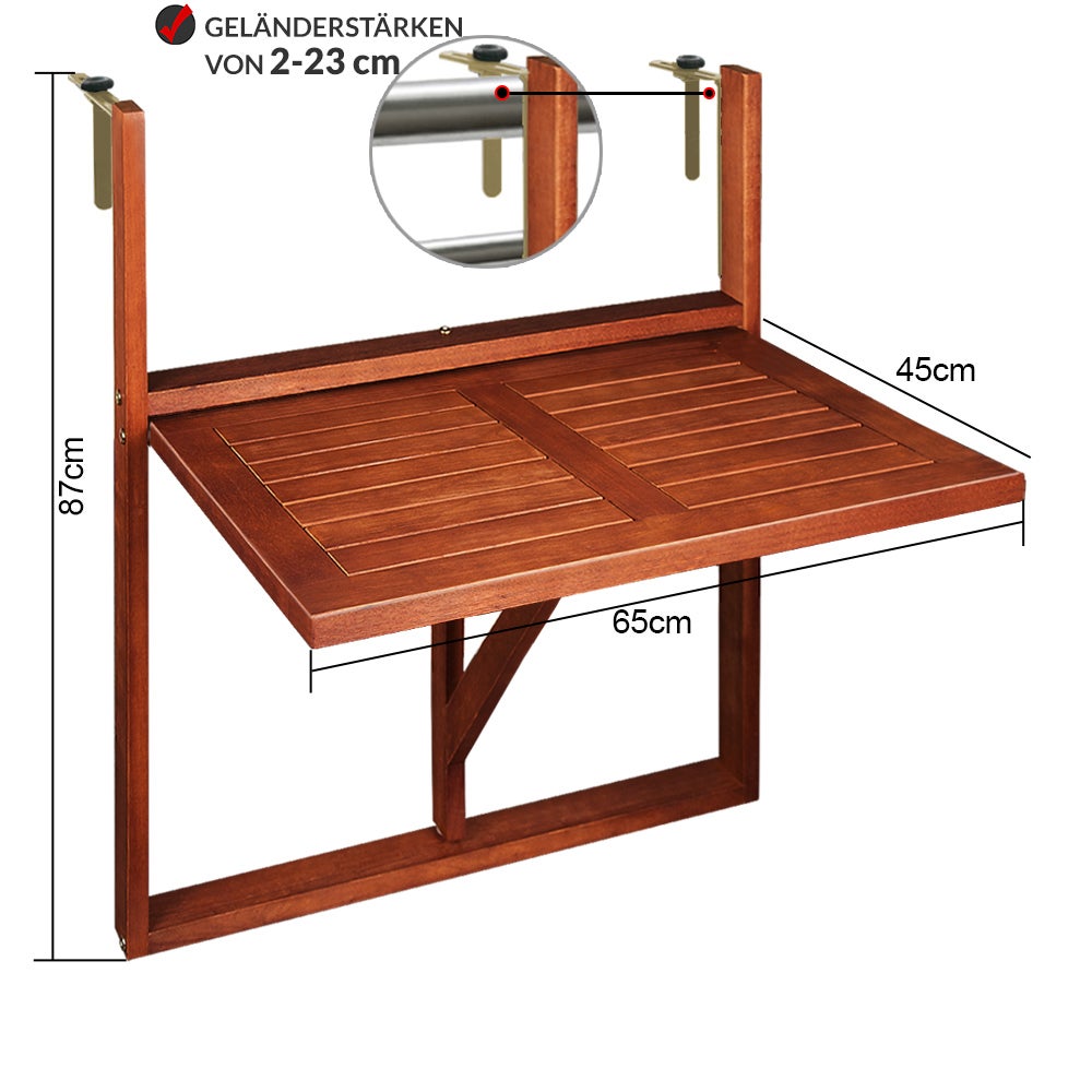Table de balcon suspendue en bois d'acacia certifié FSC Table de balcon rabattable 64 x 45 x 87 cm balcon terrasse - 3