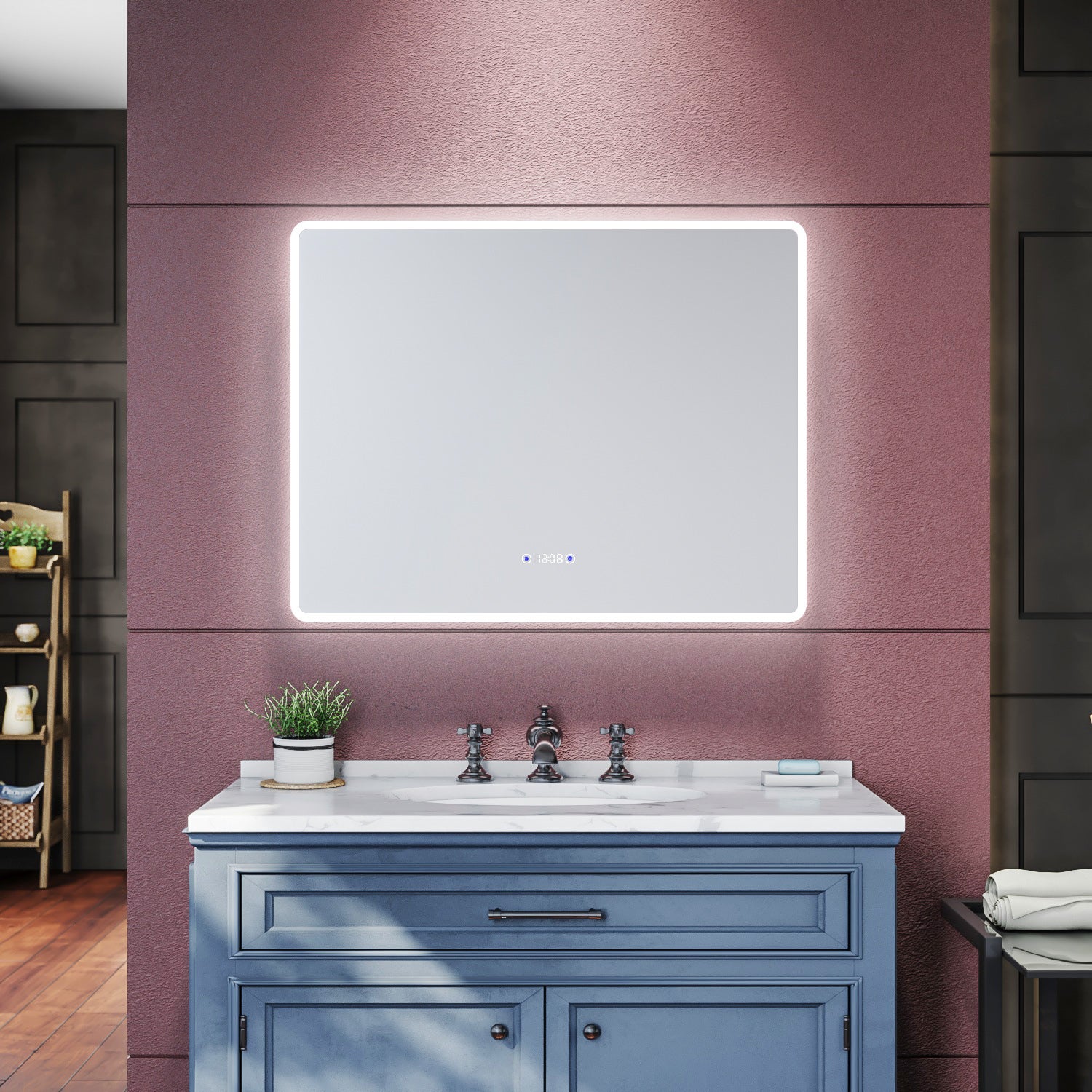 Miroir De Salle De Bain LED WILNO Avec Bluetooth, Horloge, Interrupteur - Argenté, Moderne - Neuf
