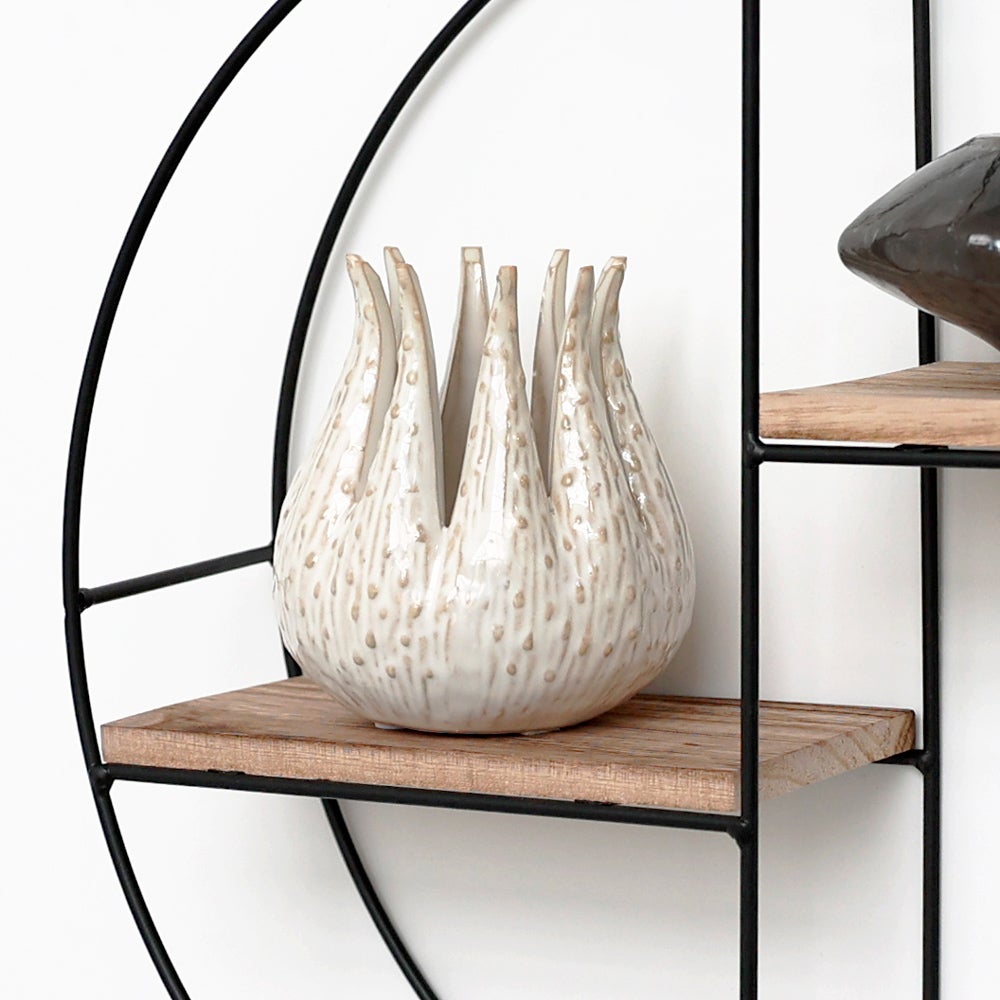 Etagère Murale En Métal Noir - 2 Planches En Bois - Ronde - 37x10 Cm