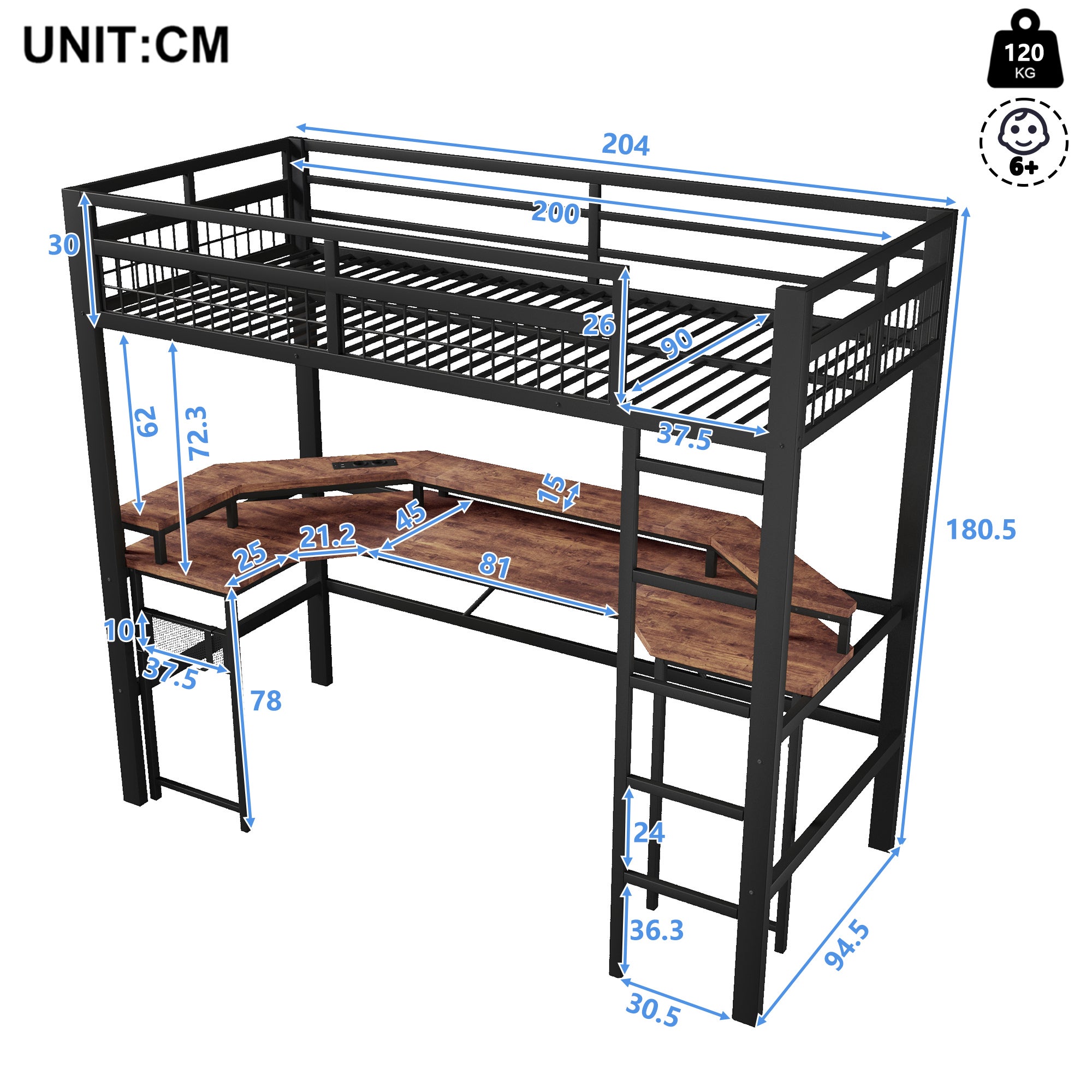 Lit mezzanine en métal 90x200 cm avec Bureau, Éclairage LED RGB App, lit enfant avec Ports USB/Type-C, Prises et Panneau Perforé, noir (sans Matelas) - 5