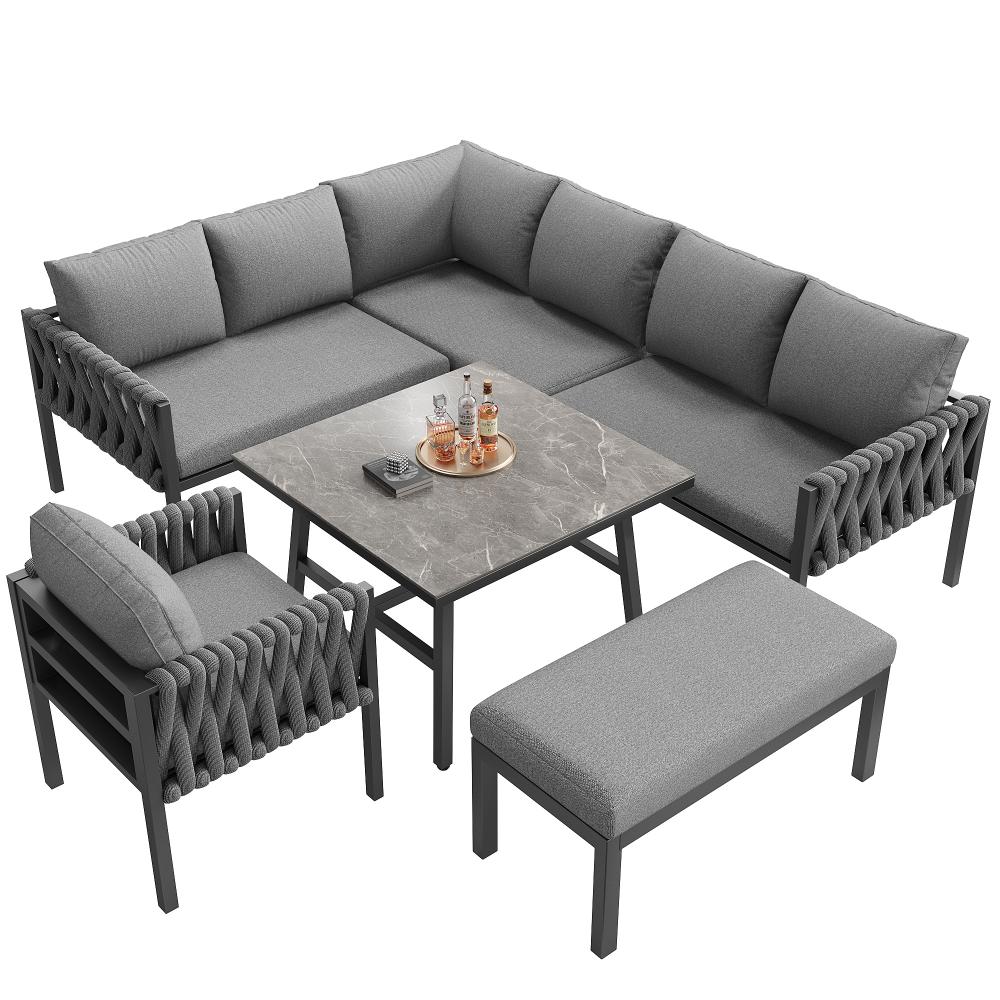 Conjunto de muebles de jardín moderno con estructura de hierro galvanizado, patas ajustables, sofá esquinero, mesa con vidrio templado - 6
