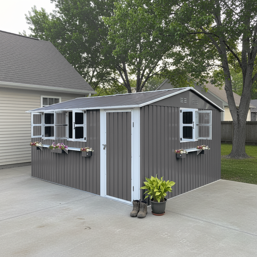 Cobertizo de jardín metálico (359,4x284,2 cm),Caseta jardín para exteriores 10,21 m²,con 3 ventanas,puerta con cerradura y spuesto flores,Gris - 7