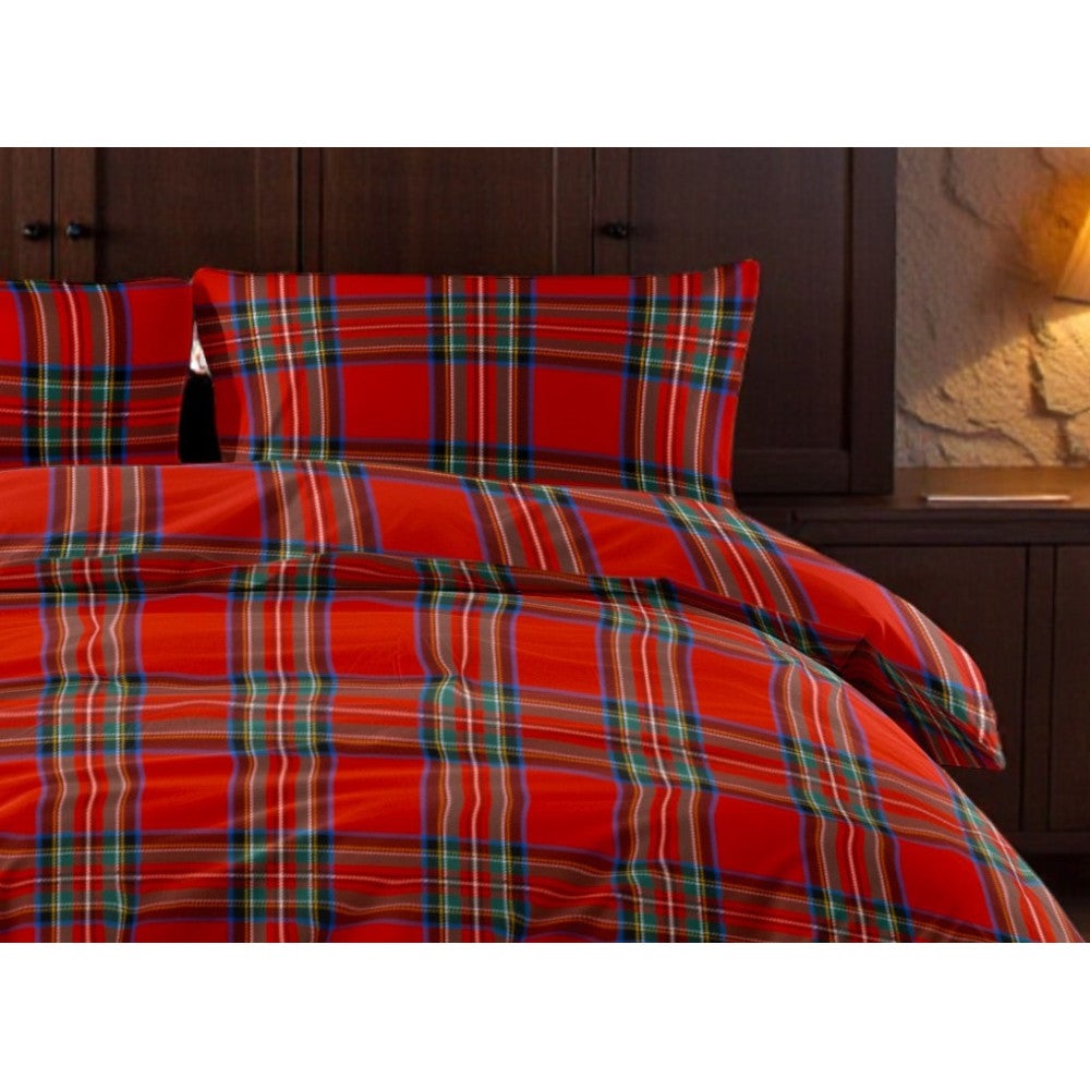 Copripiumino Scozzese Rosso - Set Letto in Puro Cotone 100% - Made in Italy, Stile Classico Tartan Cm. 155X200 - 2