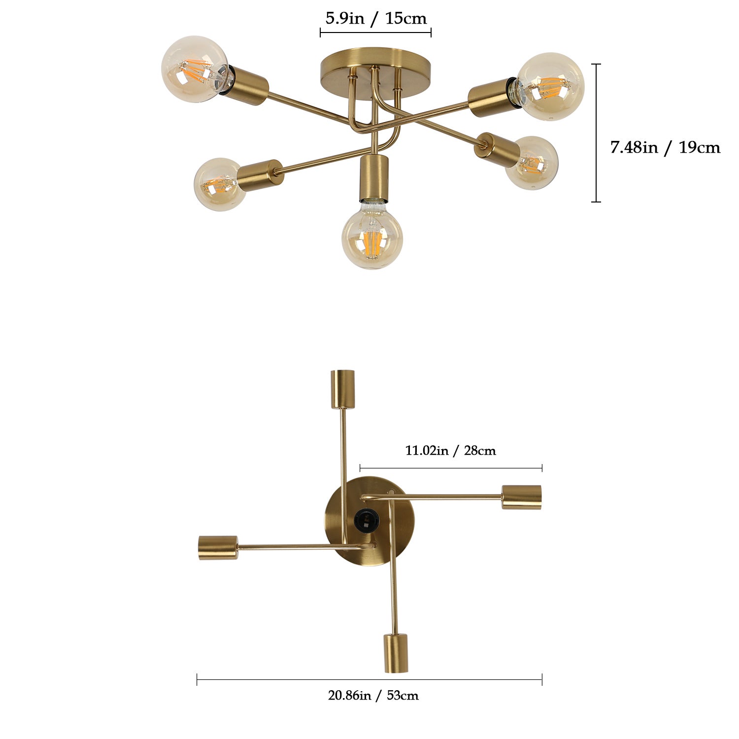 GOECO Plafonnier Métal Doré 5 Douilles E27, Design Industriel Rétro, Lampe Plafond Sans Ampoules Pour Salon Cuisine Chambre - 8