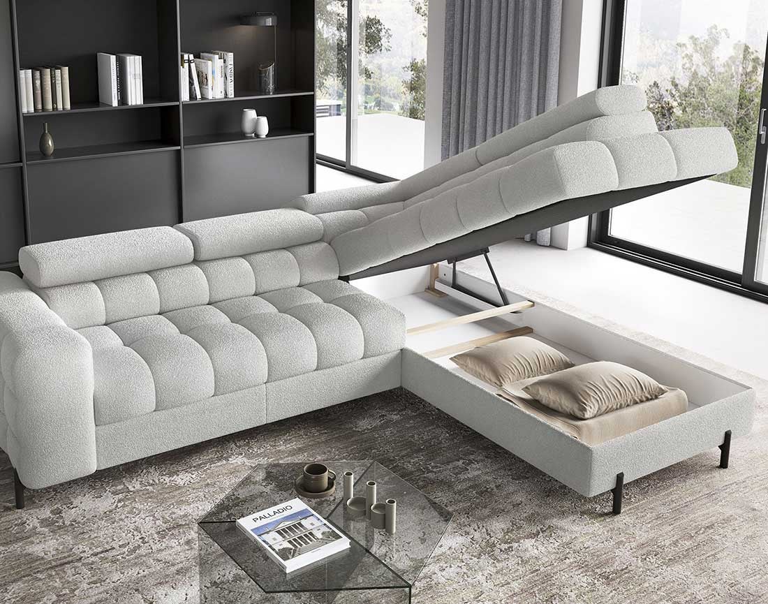 Canapé d'angle droit convertible 5 places en tissu bouclette gris clair - ELISA - Best Mobilier - 2