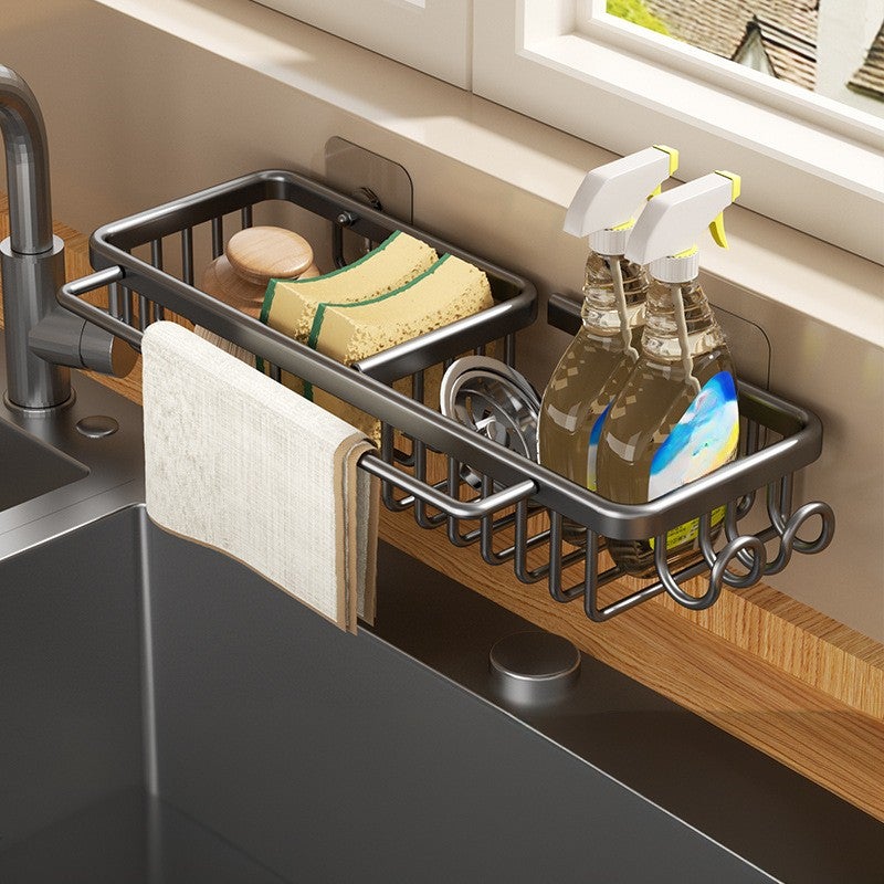 Półka kuchenna, bez wiercenia, do zlewu, 37,5×12×6 cm, do przechowywania szmatek, gąbek i ściereczek kuchennych – czarna