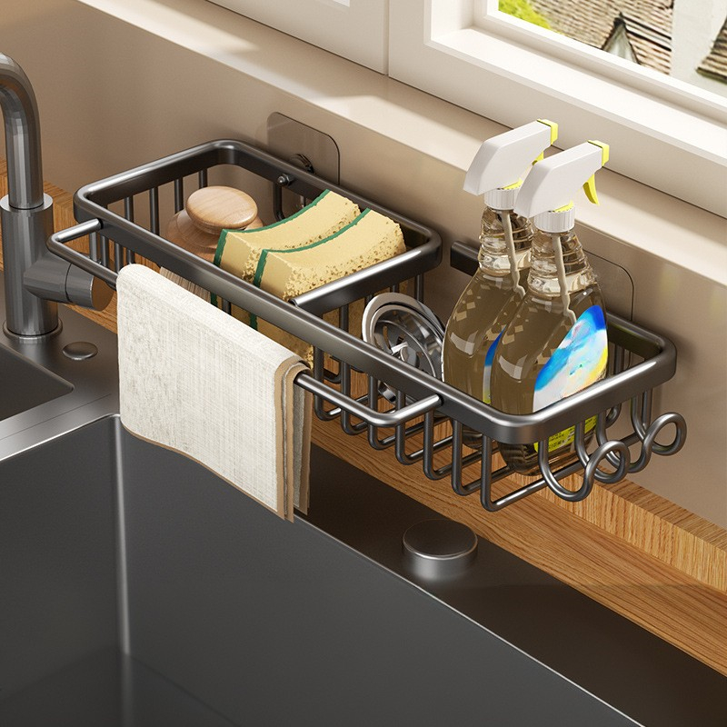 Półka kuchenna, bez wiercenia, do zlewu, 37,5×12×6 cm, do przechowywania szmatek, gąbek i ściereczek kuchennych – czarna