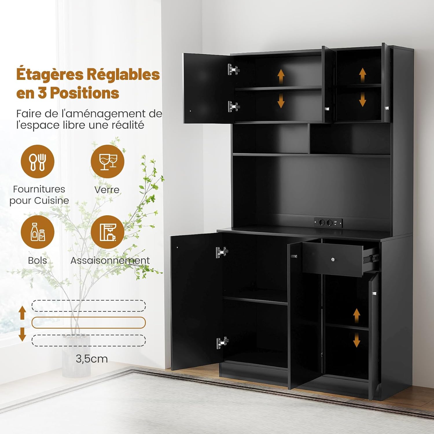Buffet de Cuisine, Armoire Cuisine avec Prises, 4 Placards, Grand Tiroir, Station de Recharge, Vaisselier, 100x40x181CM (Noir) - 7