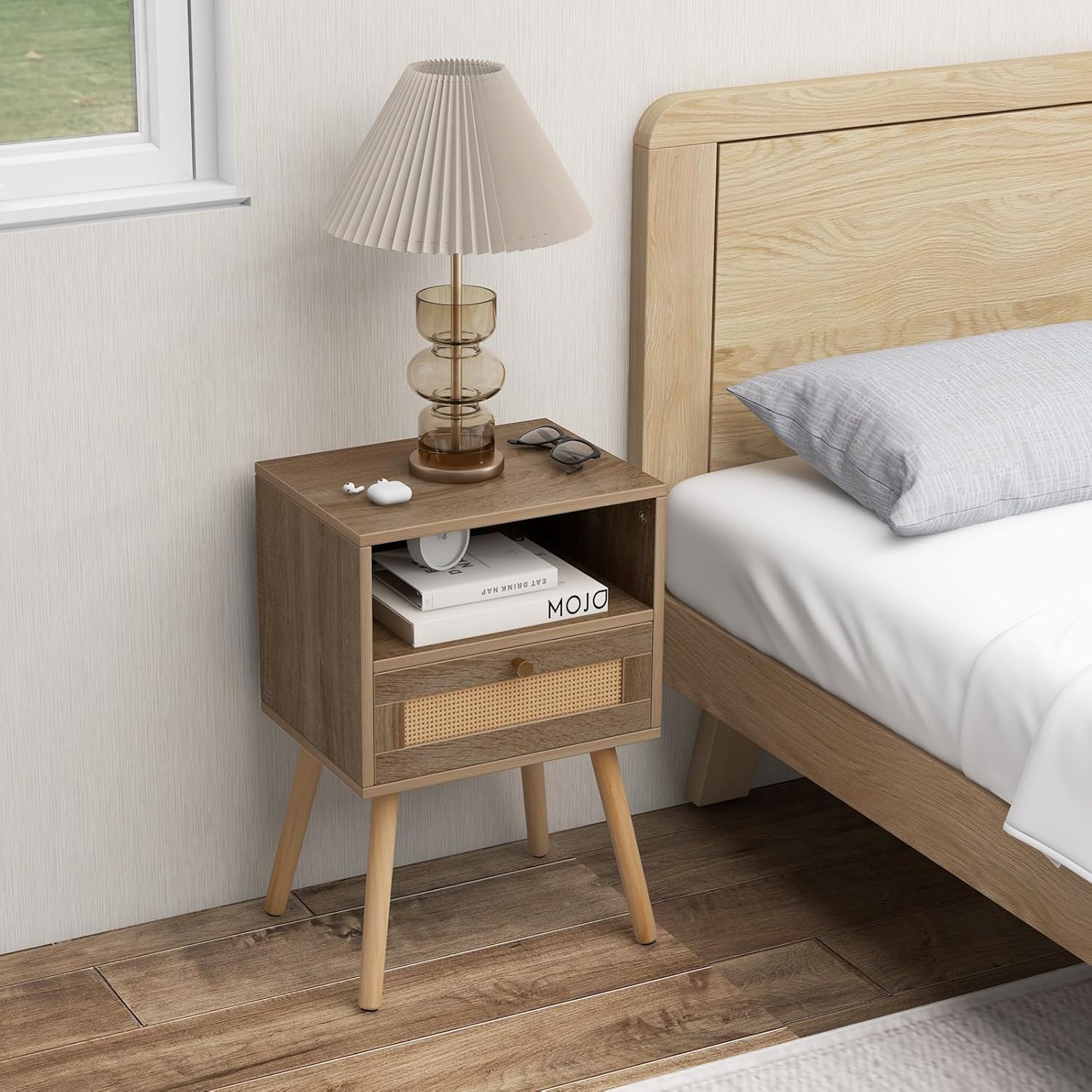 Set Di 2 Comodini In Rattan E MDF - Cassetto E Ripiano Aperto, Stile Bohémien Per Camera Da Letto E Soggiorno, Colore Nero