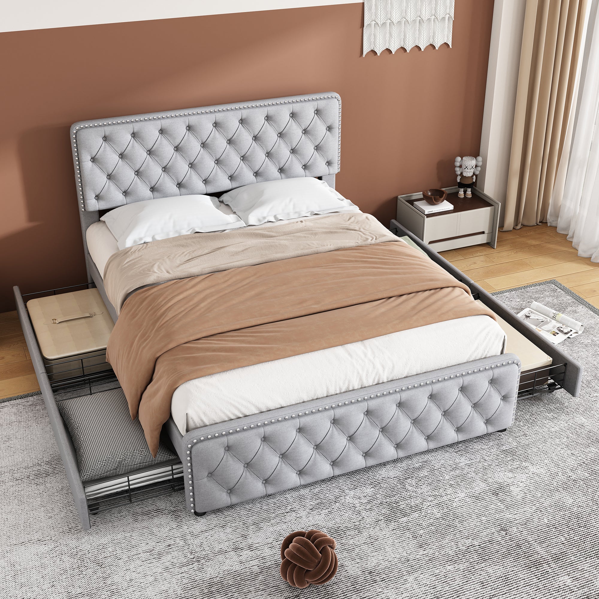 Letto Imbottito 140x190 Cm In Velluto Con Testiera Regolabile + Rete A Doghe Beige