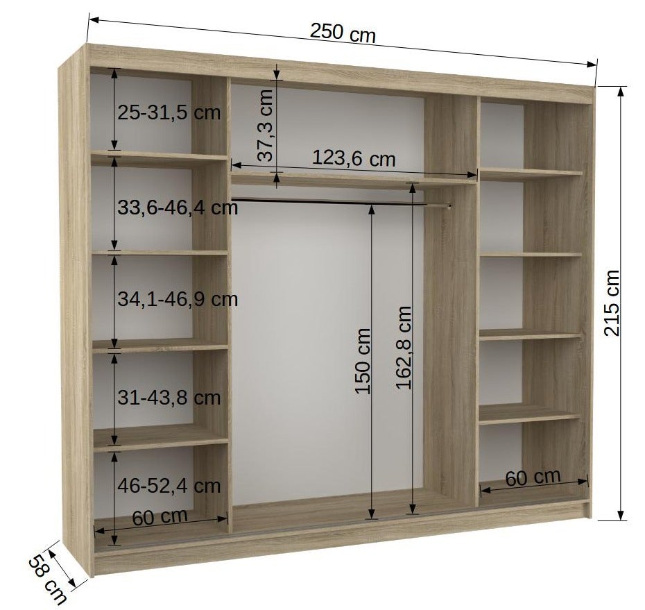 Grande armoire de chambre à coucher 3 portes coulissantes bois clair et miroir Kerry 250cm - 4